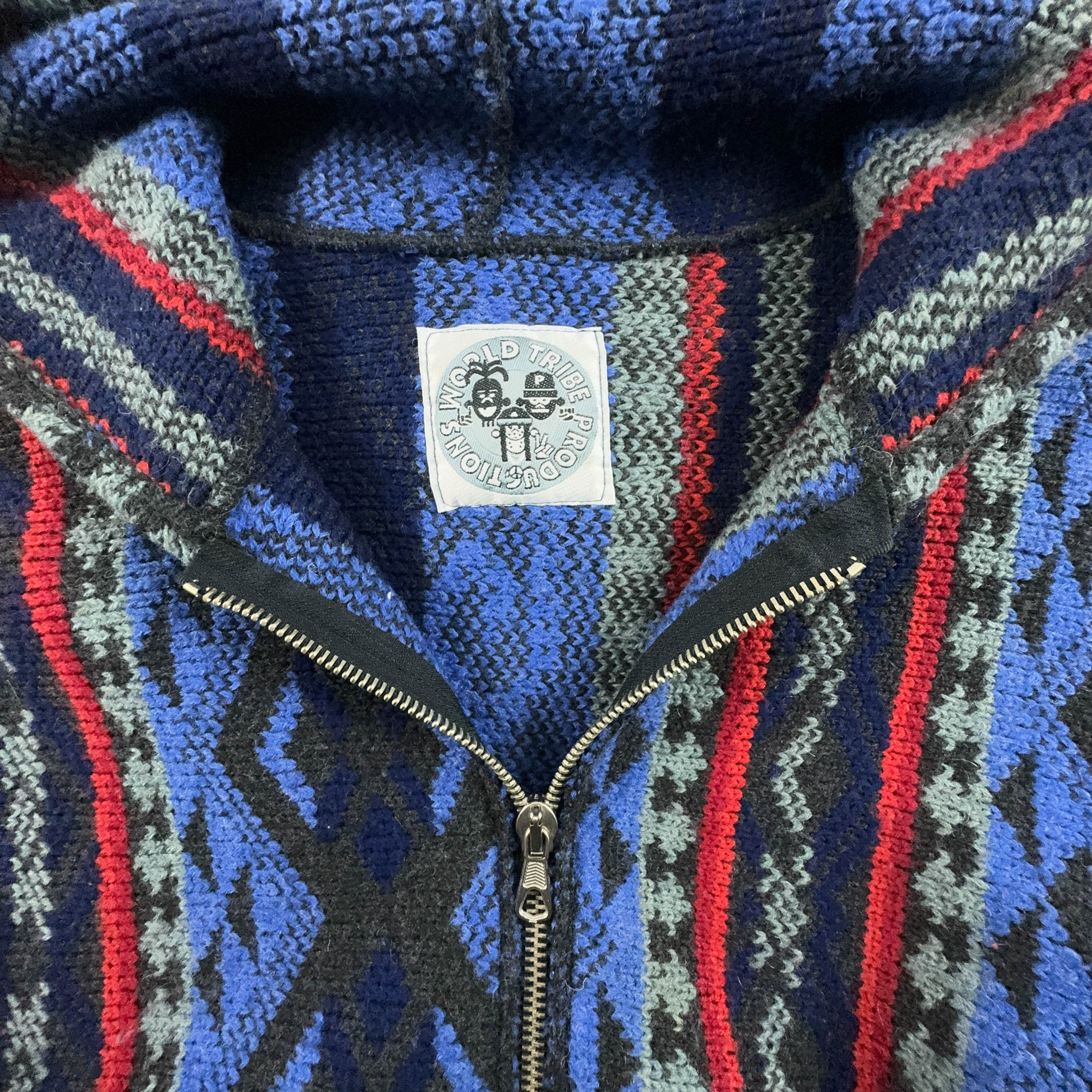 Vintage Blue and Red Patterned Wool Blend Zip Up Hooded Sweater - Men's XXL Size