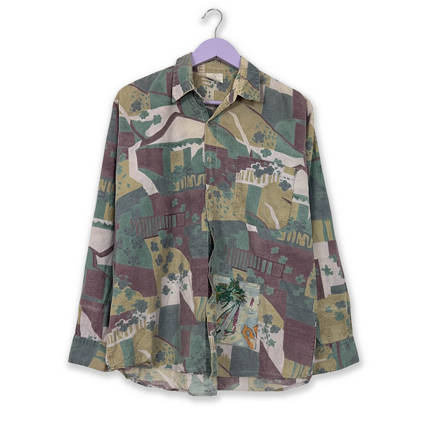 Vintage Green Shirt with Multicolored Abstract Pattern - Size 41 42 M Men