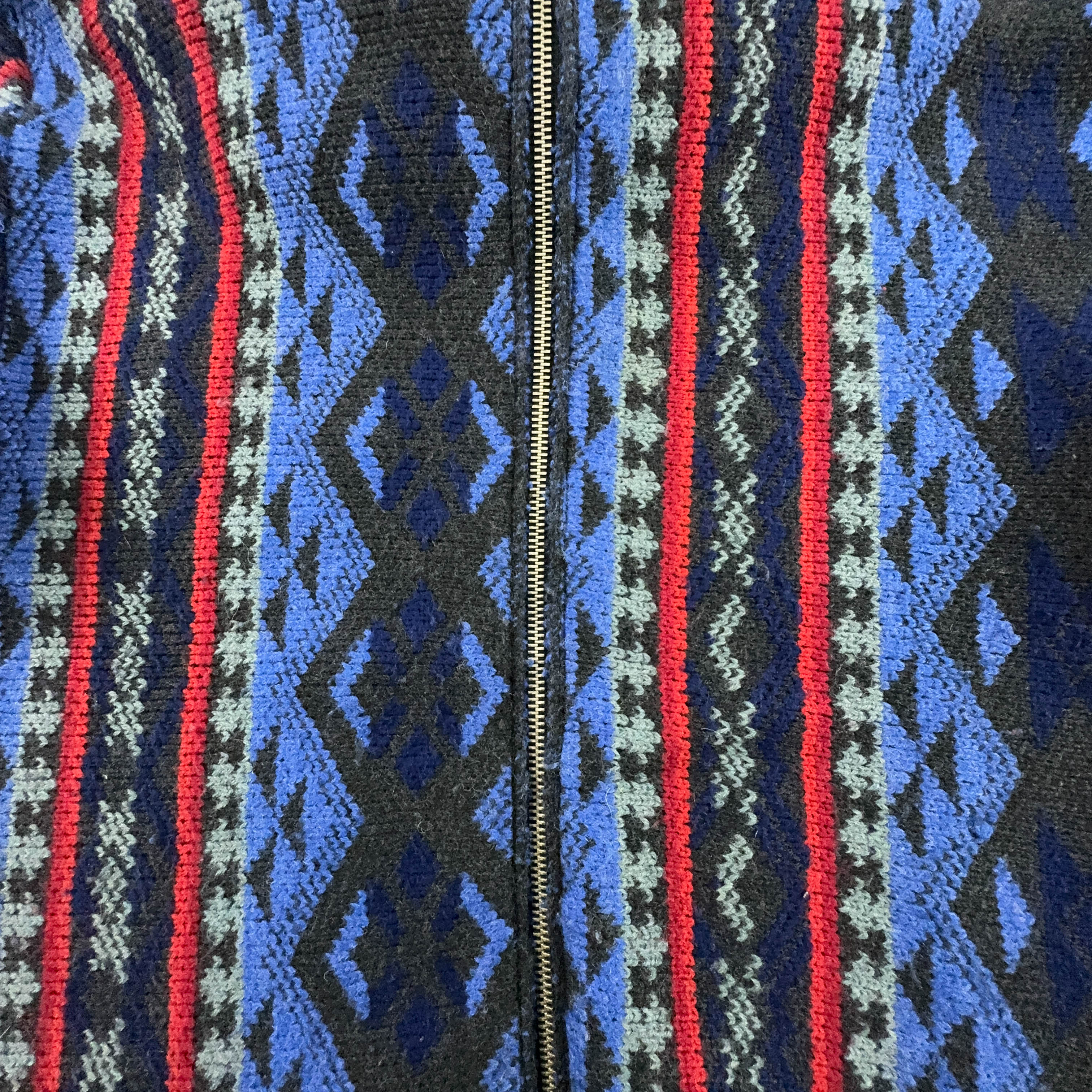 Vintage Blue and Red Patterned Wool Blend Zip Up Hooded Sweater - Men's XXL Size