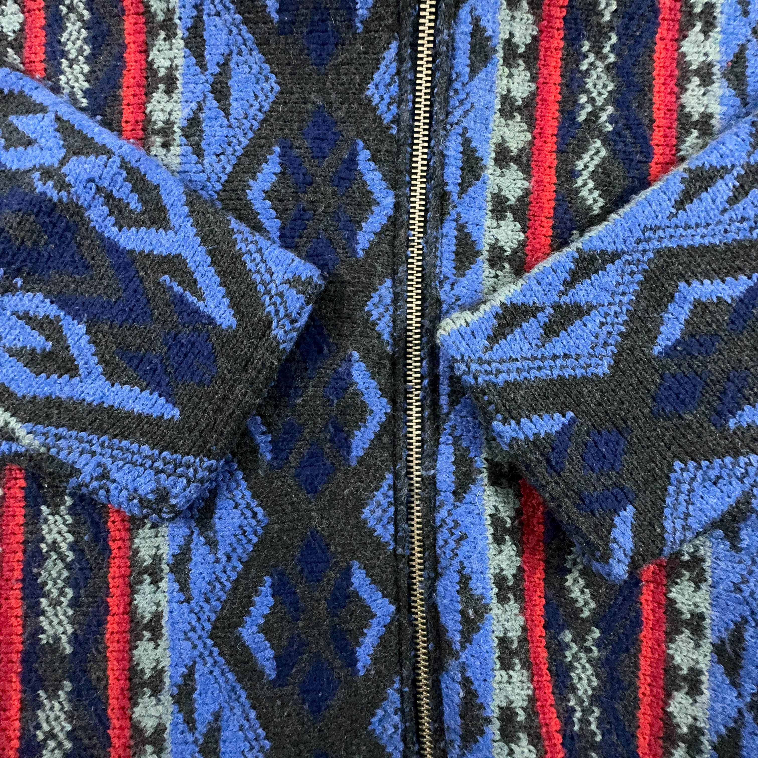 Vintage Blue and Red Patterned Wool Blend Zip Up Hooded Sweater - Men's XXL Size