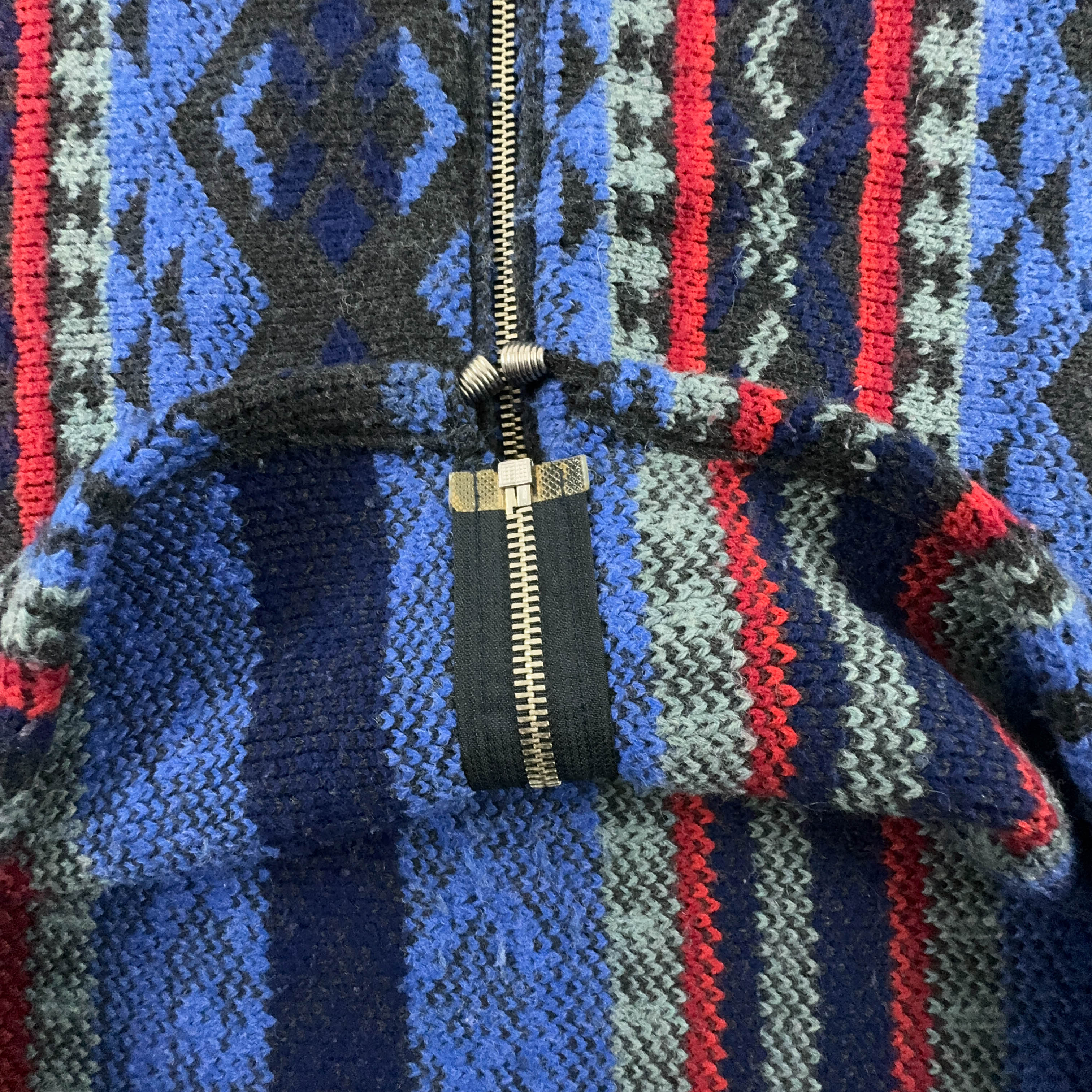 Vintage Blue and Red Patterned Wool Blend Zip Up Hooded Sweater - Men's XXL Size