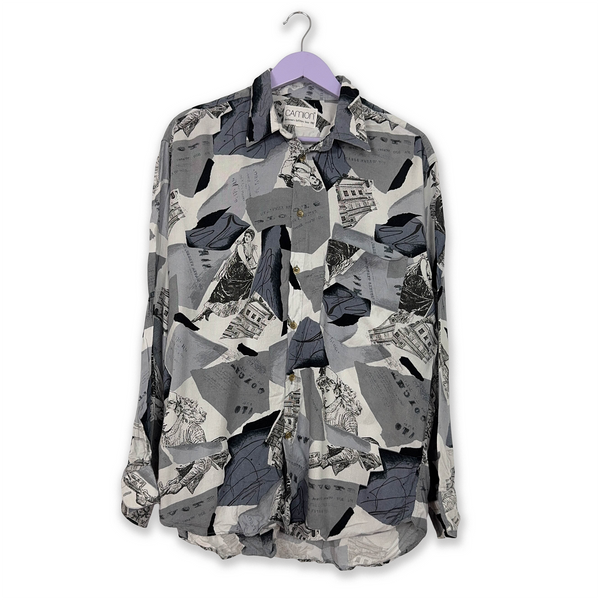 Vintage Gray and Blue Shirt with Abstract Geometric Pattern - Men's Size Large