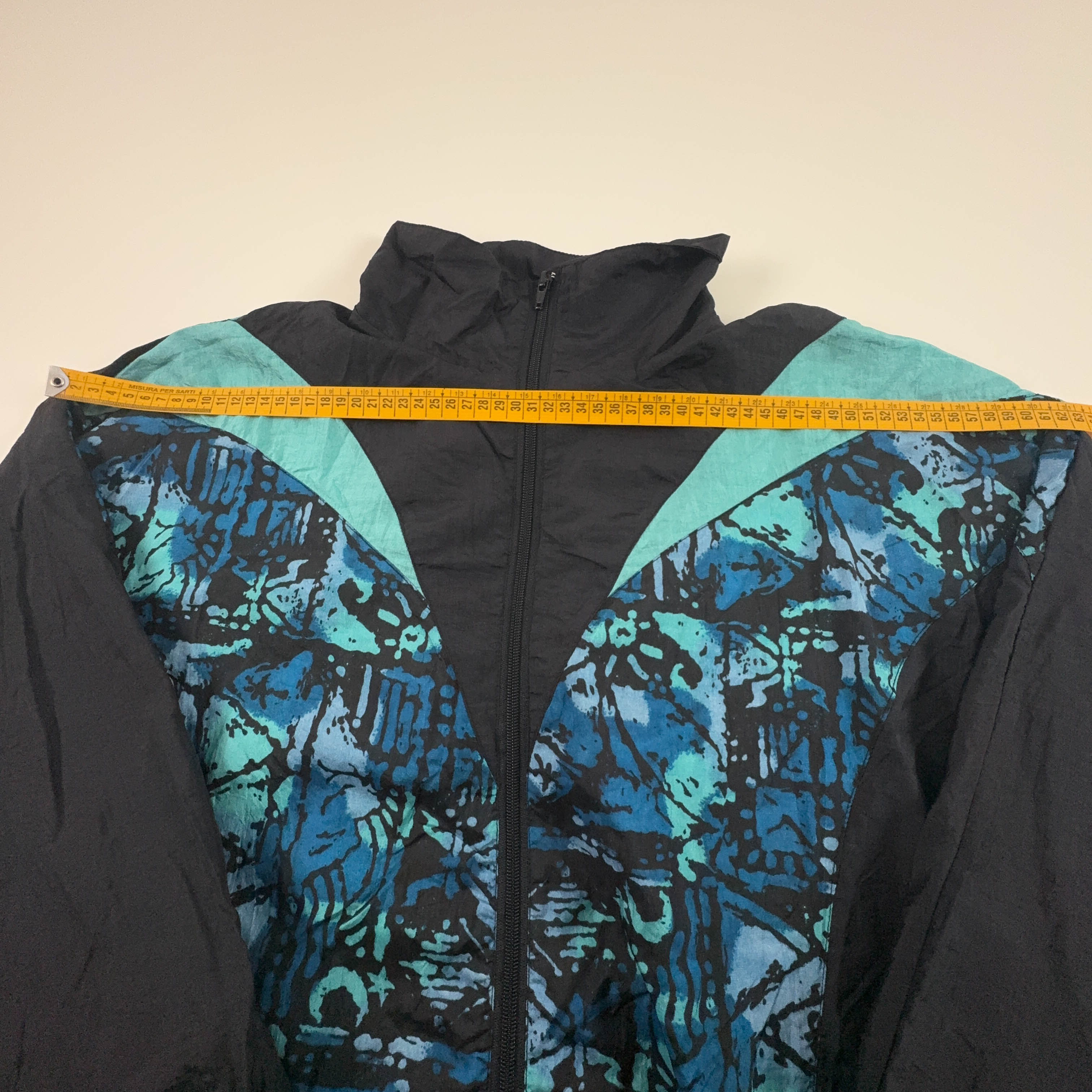 Giacca a vento Rodeo Vintage nera e azzurra a fantasia anni 80 90 - Taglia 40/42 uomo