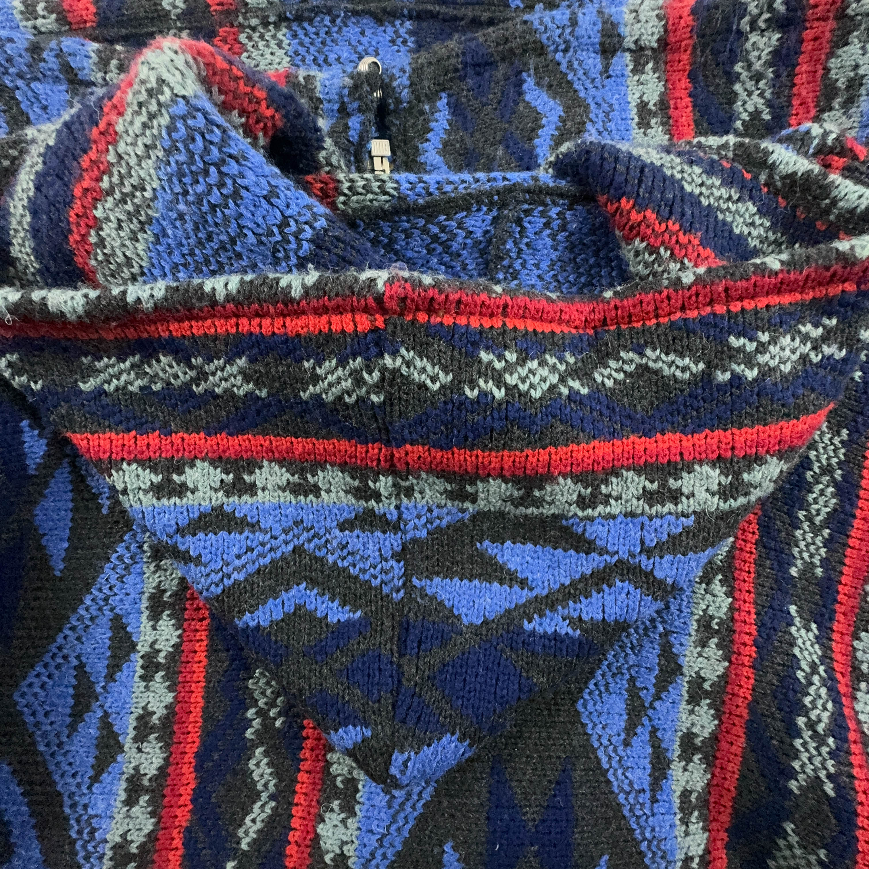Vintage Blue and Red Patterned Wool Blend Zip Up Hooded Sweater - Men's XXL Size