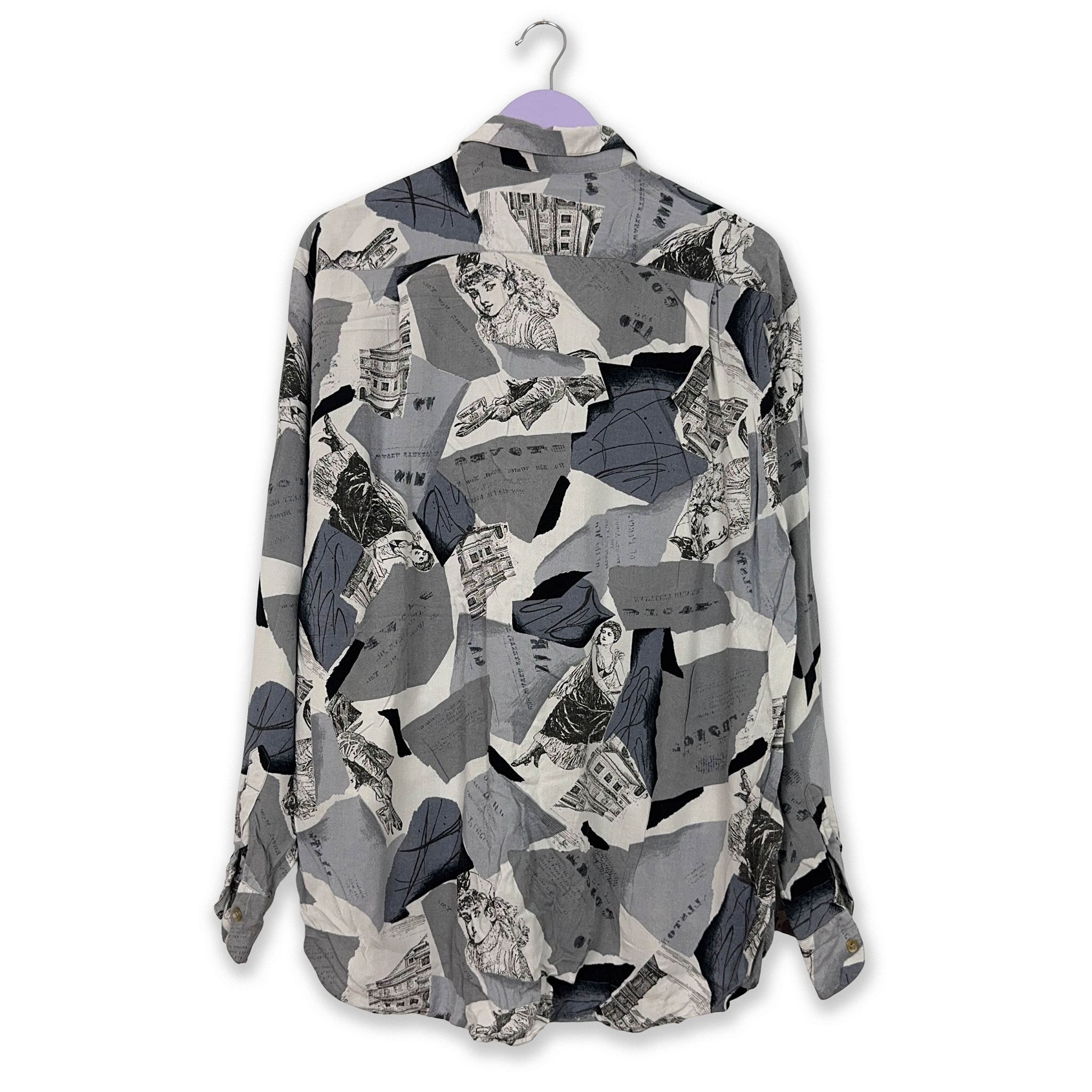 Camicia Vintage grigia e blu a fantasia geometrica astratta - Taglia L uomo