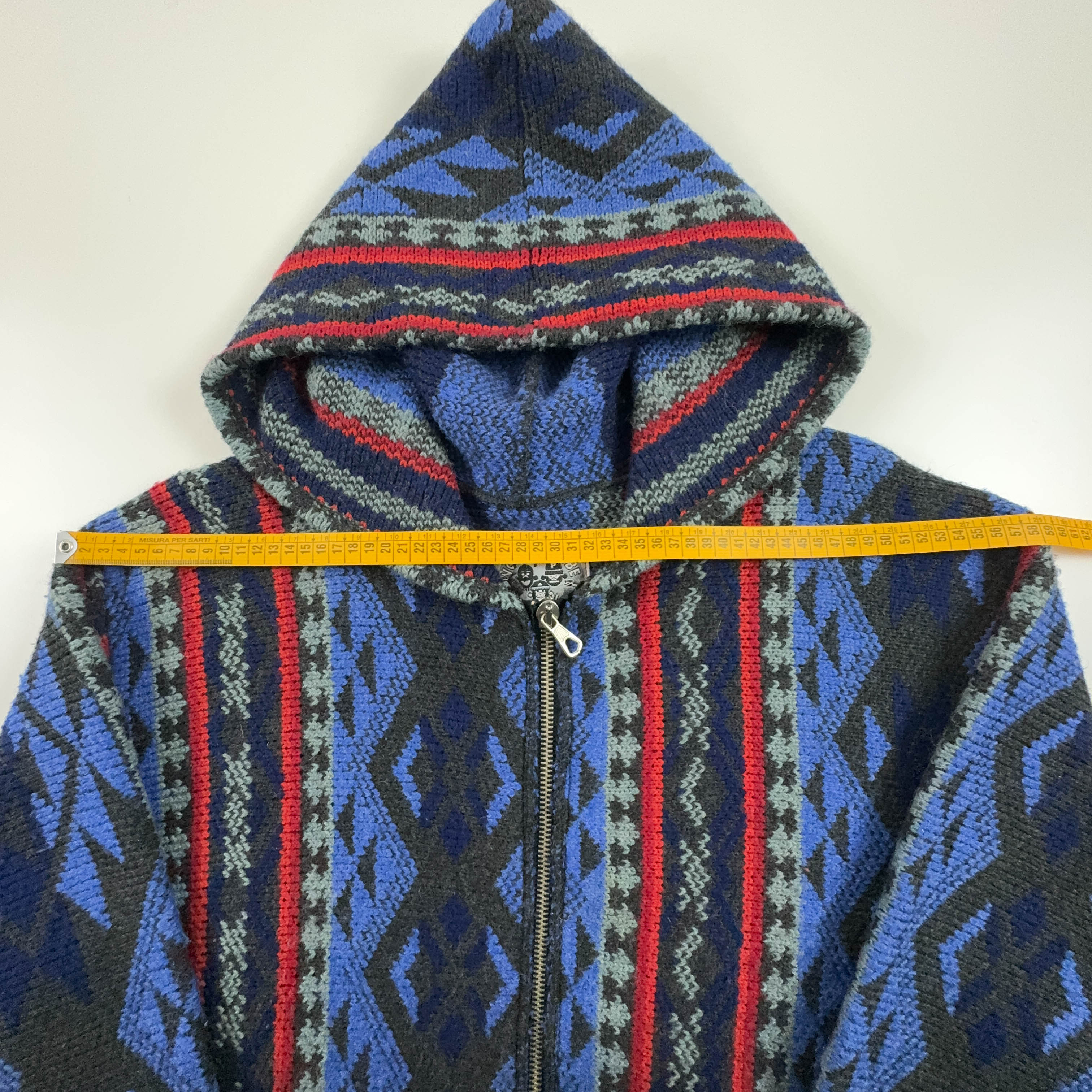 Vintage Blue and Red Patterned Wool Blend Zip Up Hooded Sweater - Men's XXL Size