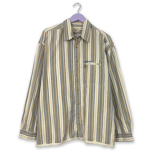Beige and Grey Striped Winter Vintage Shirt - Men's Size XL