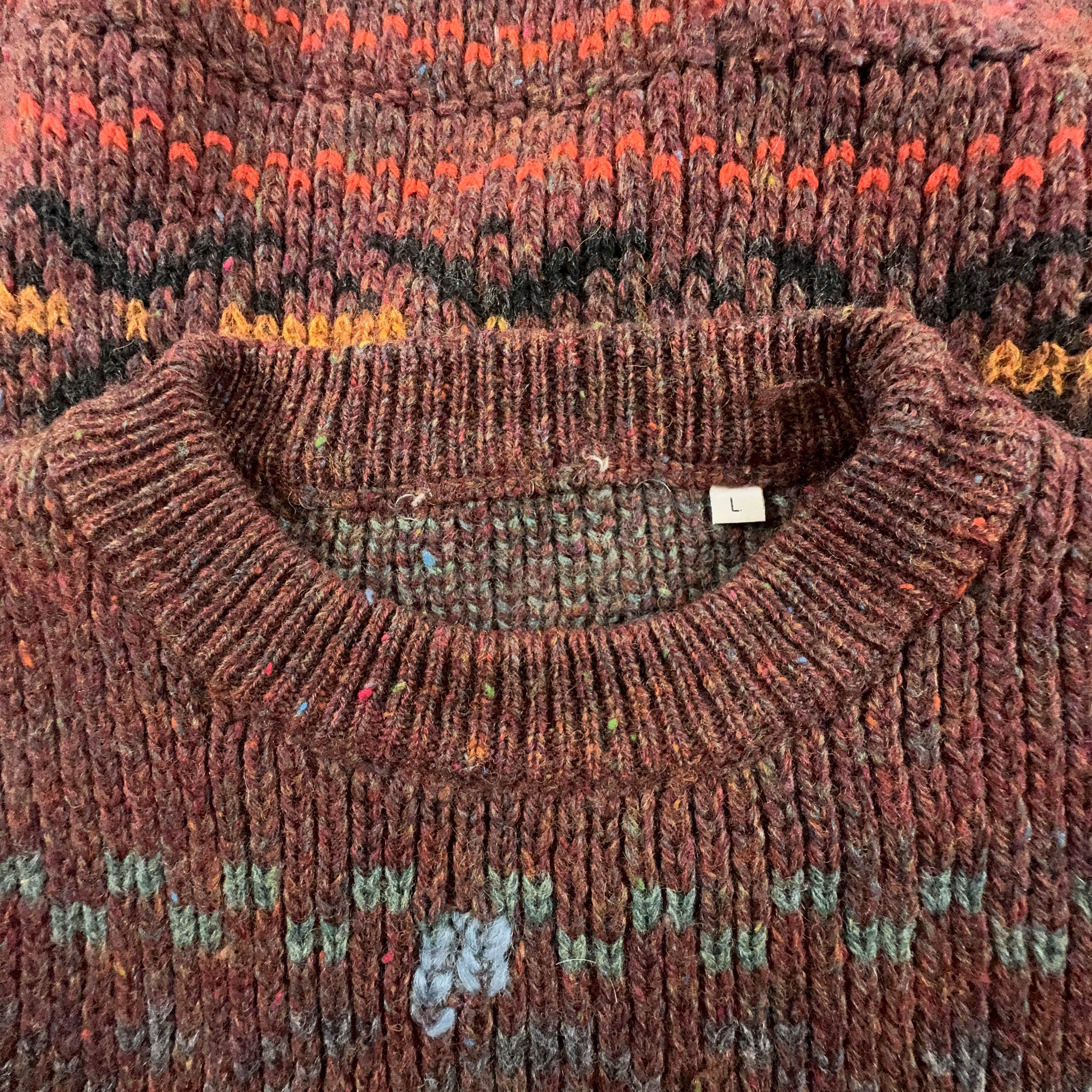 Vintage Brown 100% Wool Crew Neck Patterned Sweater - Size L/XL Men