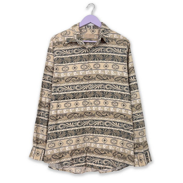 Brown and Beige Abstract Pattern Winter Vintage Shirt - Men's Size L/XL