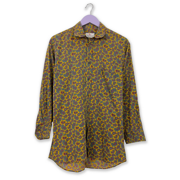 Brown and Yellow Abstract Floral Print Vintage Shirt - Men's Size 16 M