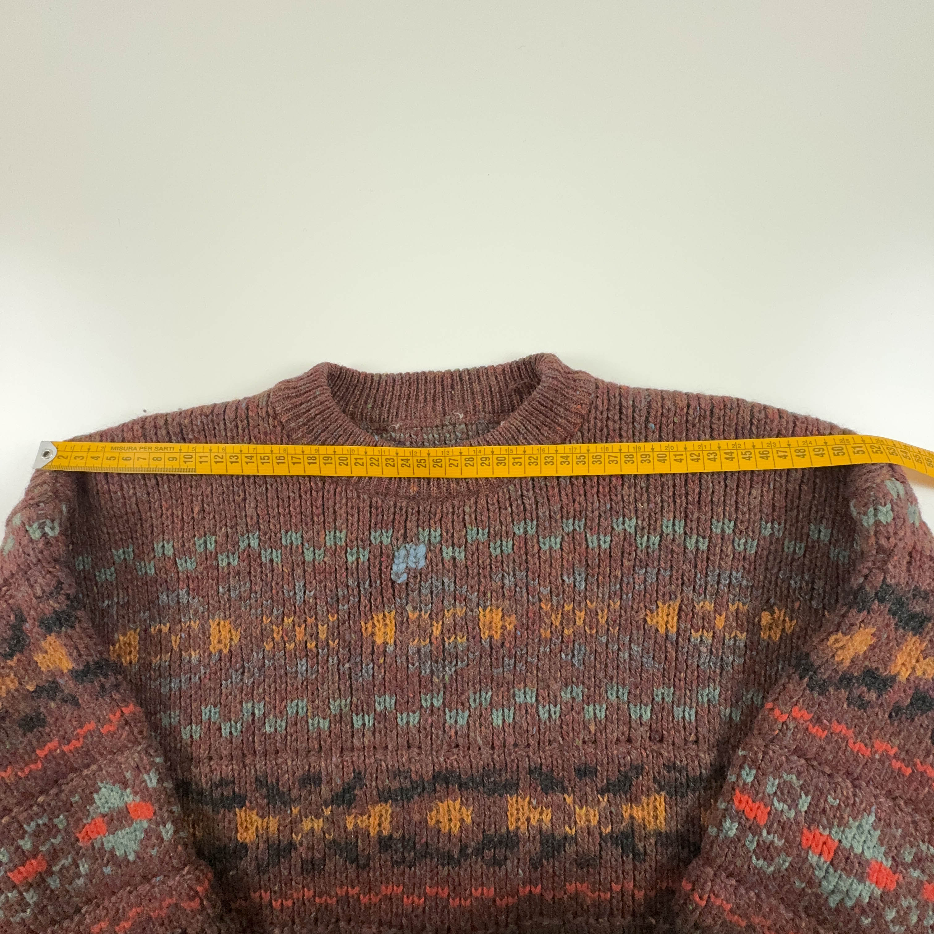 Vintage Brown 100% Wool Crew Neck Patterned Sweater - Size L/XL Men
