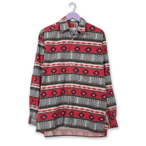 Vintage Red Striped Shirt with Abstract Geometric Pattern - Men's Size Large