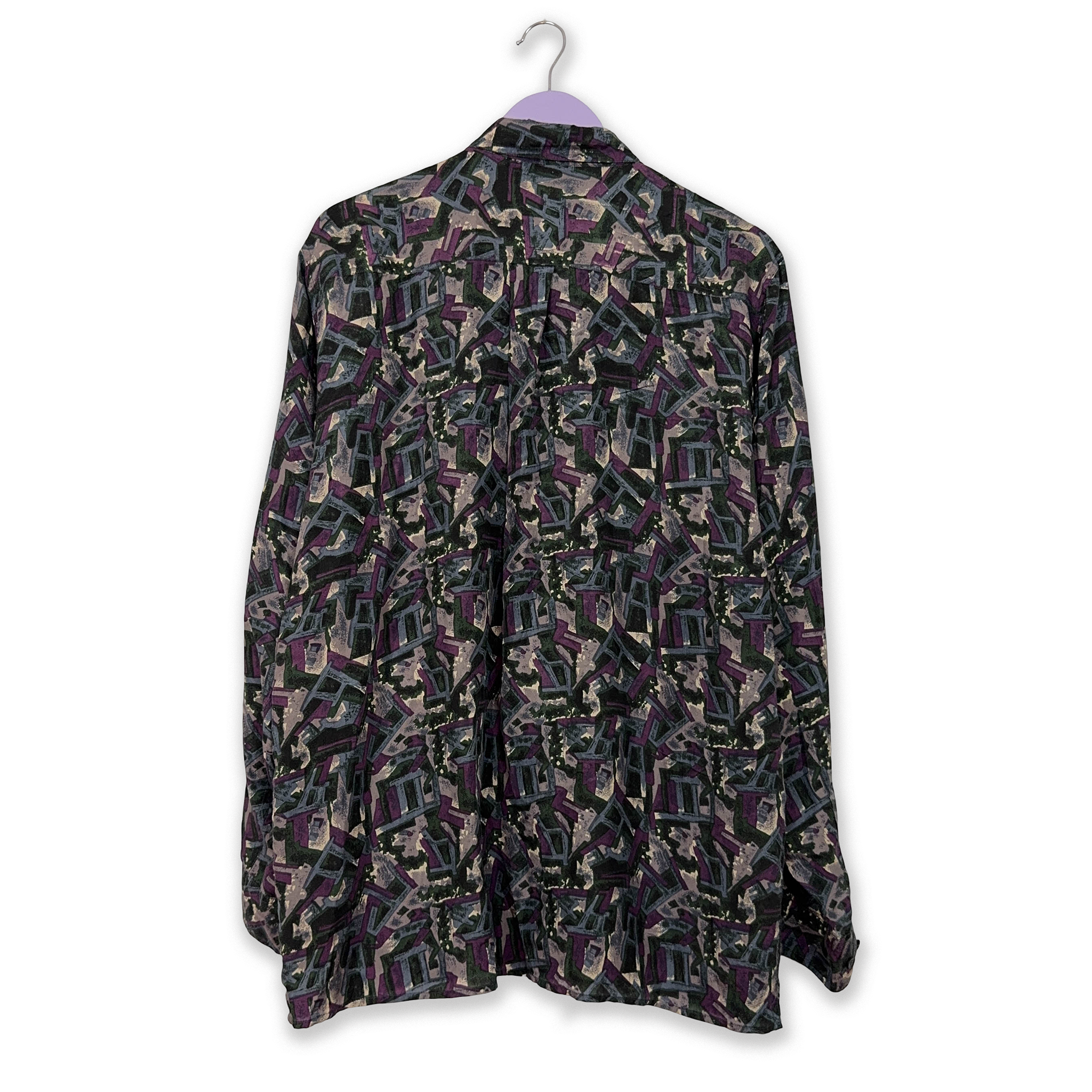 Camicia Vintage 100% seta blu scura a fantasia astratta geometrica - Taglia 41 42 uomo