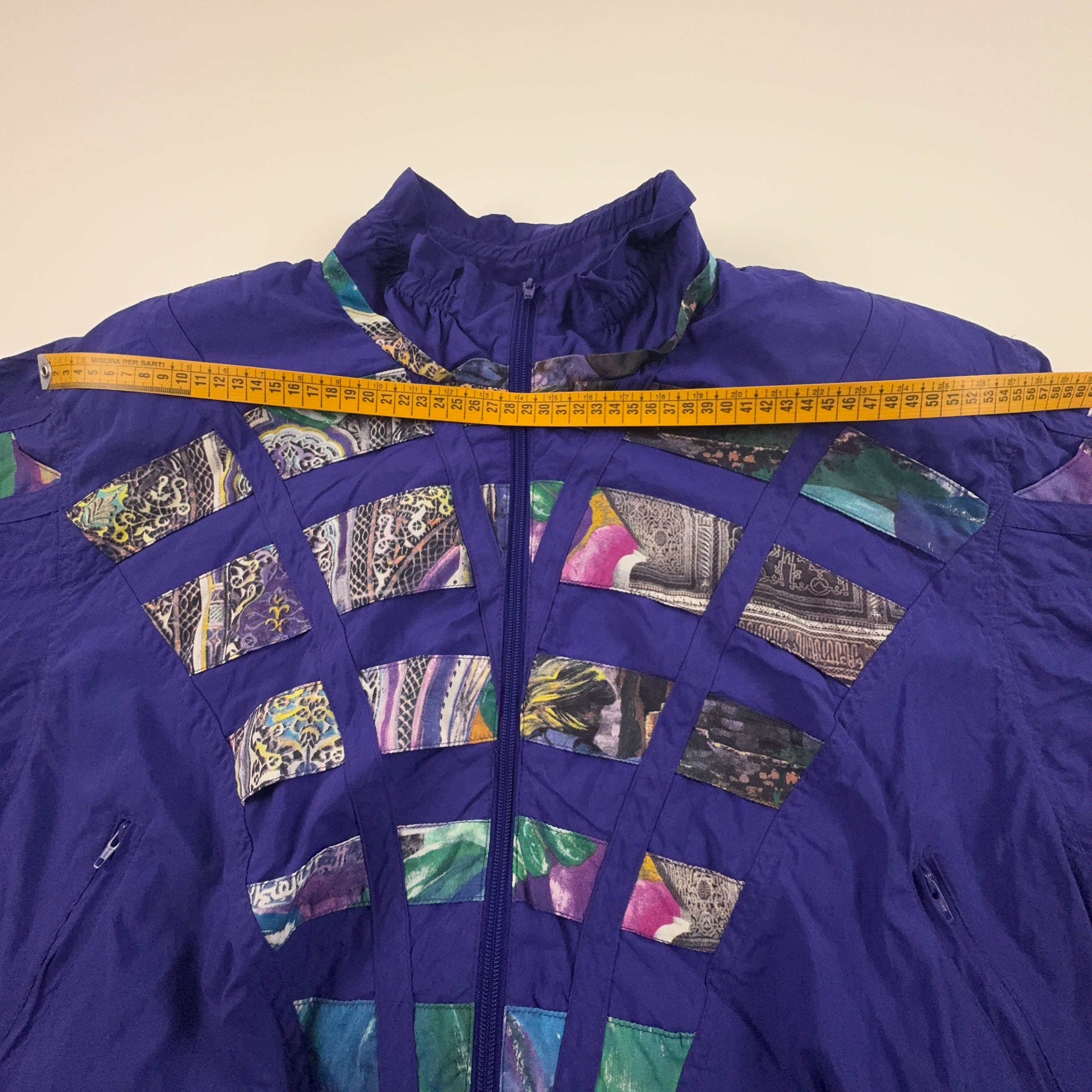 Giacca a vento Vintage viola a fantasia multicolore anni 80 90 - Taglia XS/S uomo