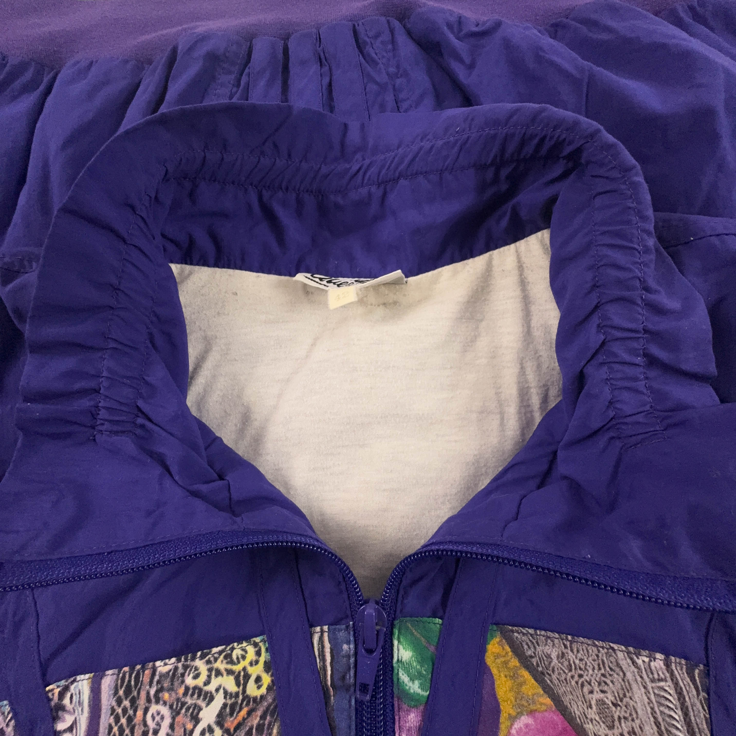 Giacca a vento Vintage viola a fantasia multicolore anni 80 90 - Taglia XS/S uomo