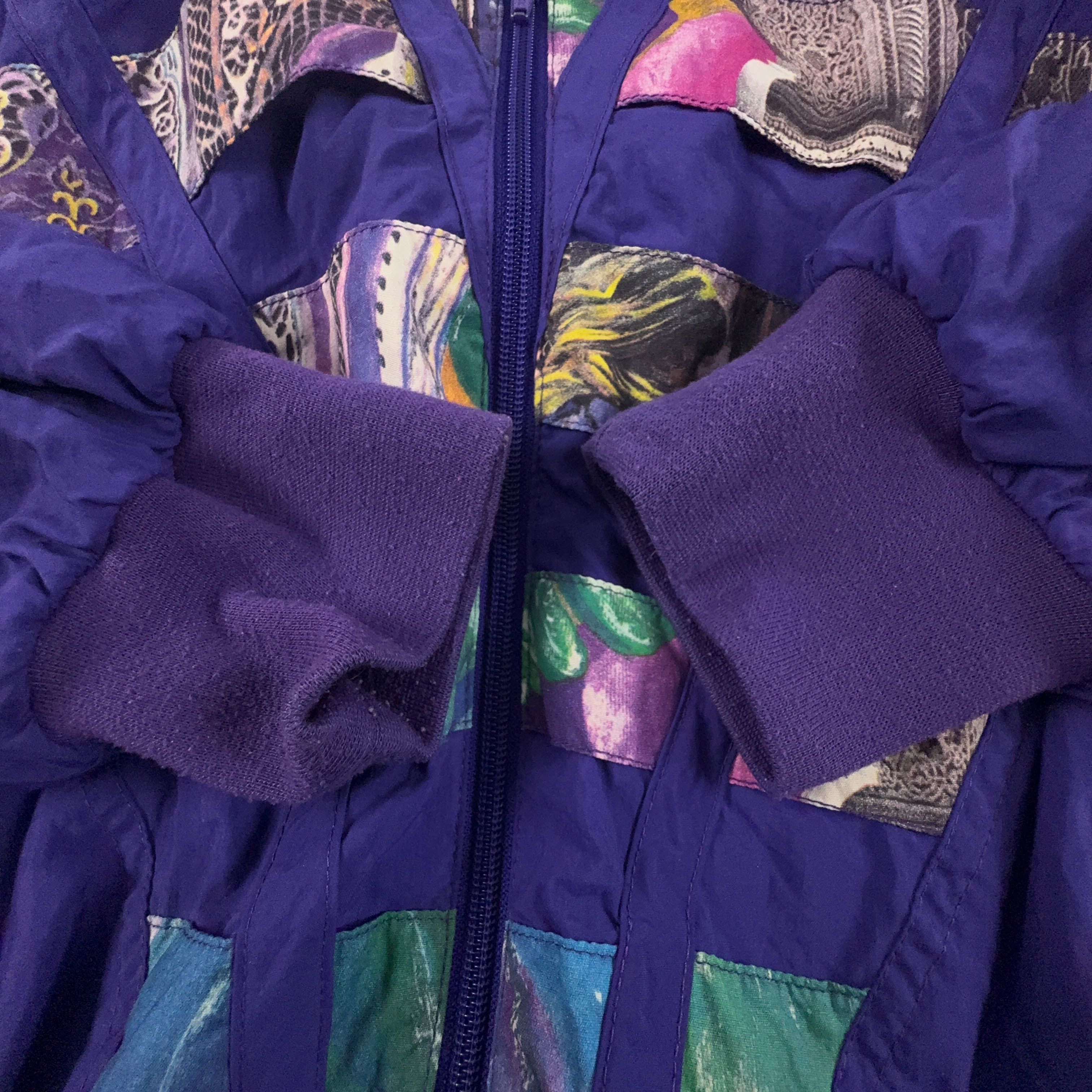 Giacca a vento Vintage viola a fantasia multicolore anni 80 90 - Taglia XS/S uomo