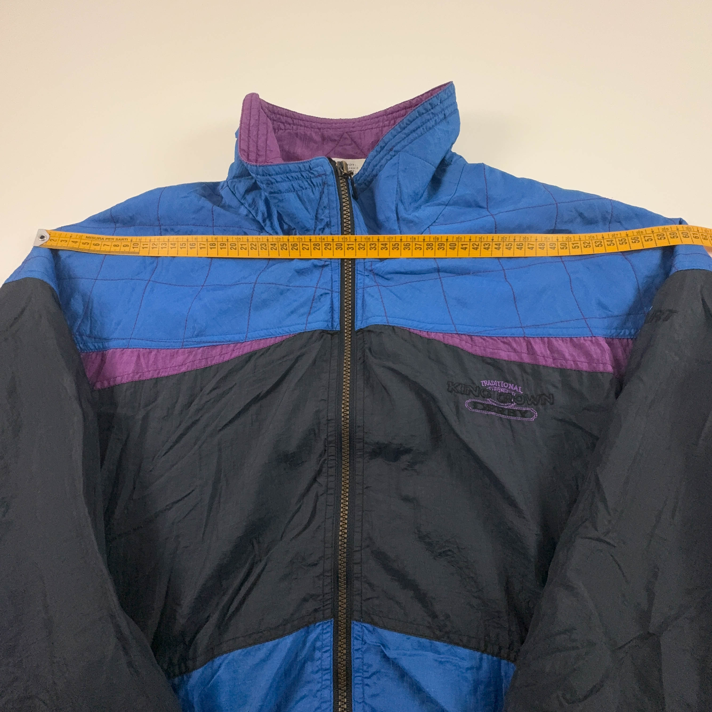 Giacca a vento Vintage blu viola e nera con zip e ricamo anni 80 90 - Taglia S/M uomo