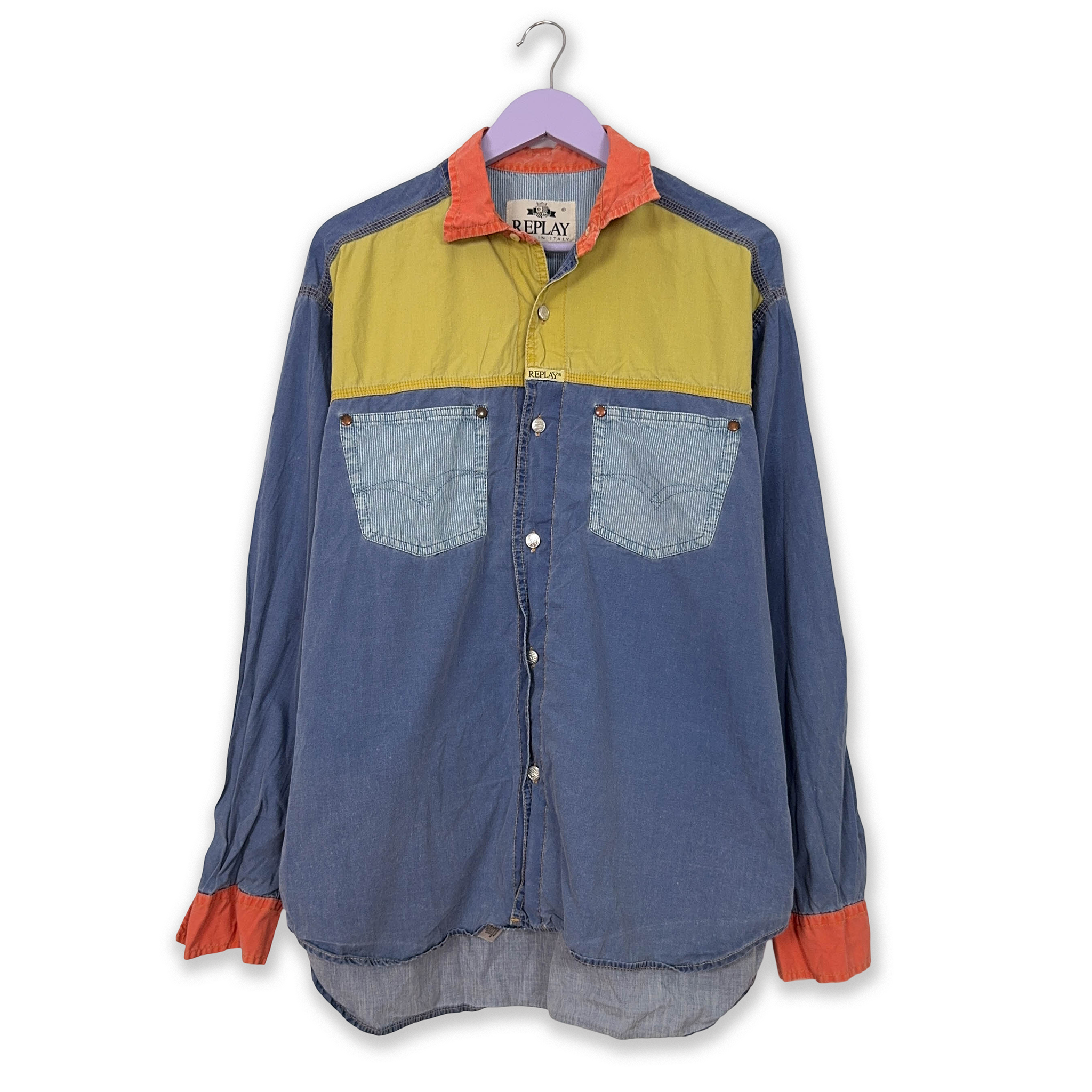 Camicia Replay Vintage in denim blu e gialla - Taglia XL uomo