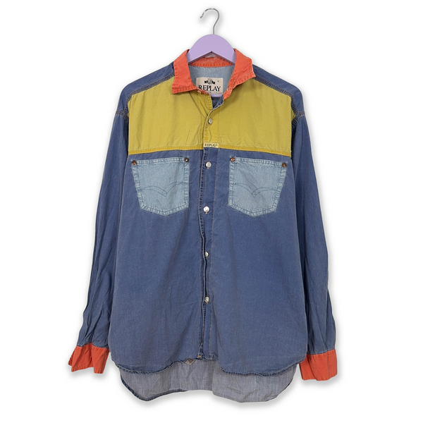 Replay Vintage Blue and Yellow Denim Shirt - Men's Size XL