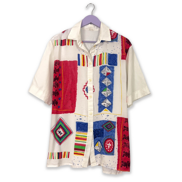 White Vintage Shirt with Multicolored Abstract Geometric Pattern - Size L Men's