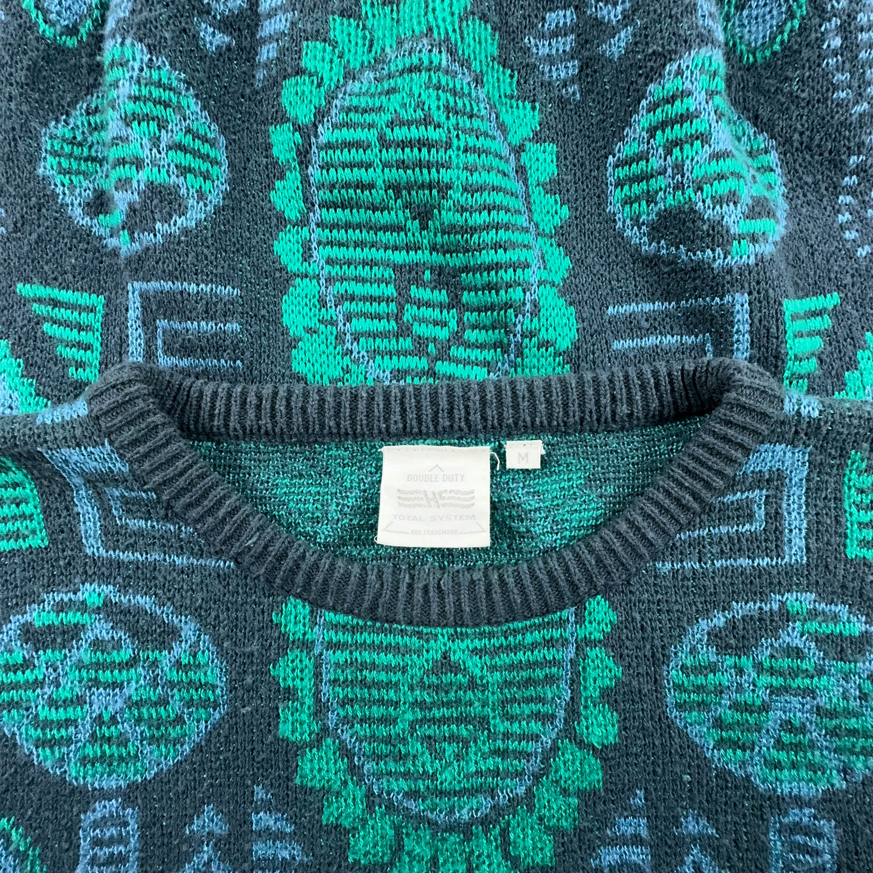 Vintage 30% cotton blue and green geometric pattern crew neck sweater - Size L men