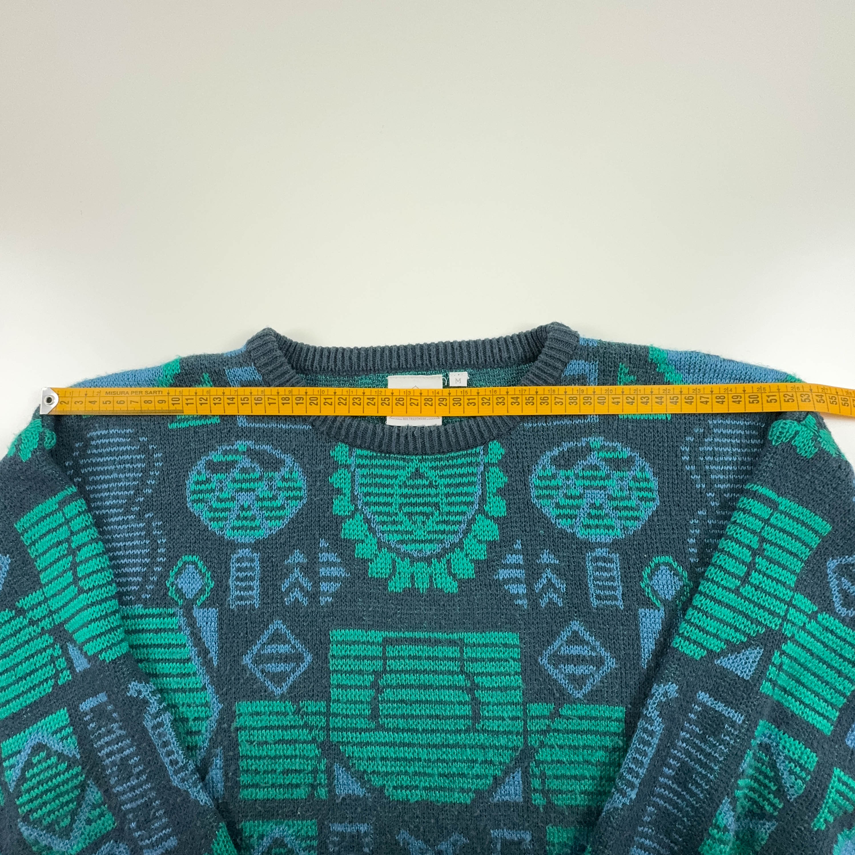 Vintage 30% cotton blue and green geometric pattern crew neck sweater - Size L men