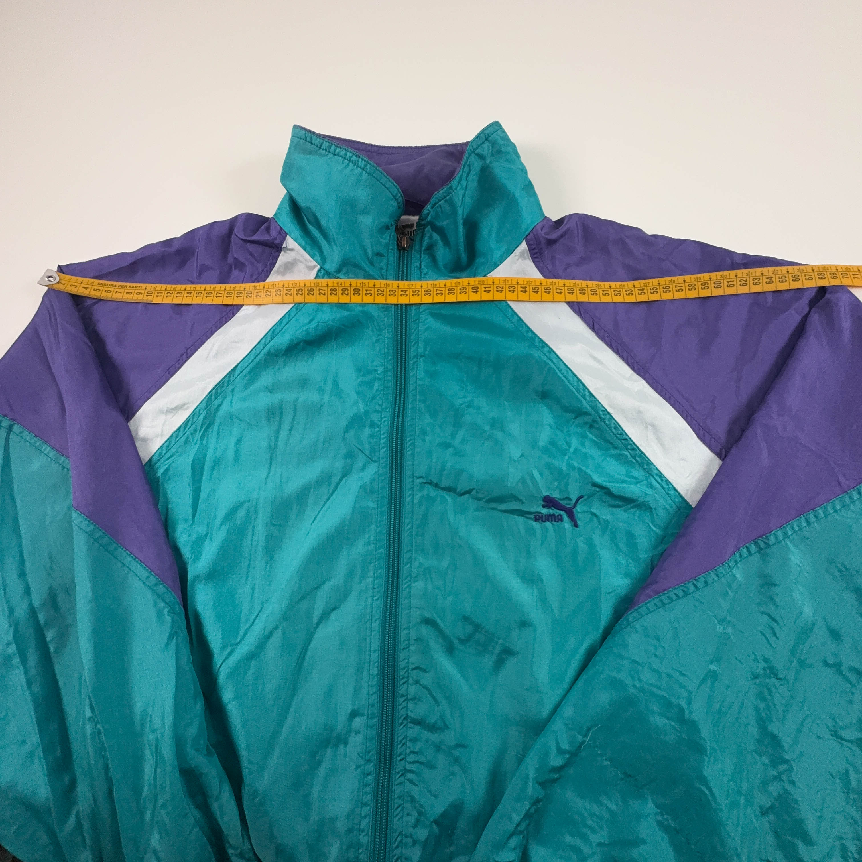 Giacca a vento Puma Vintage verde e viola con ricamo e zip anni 80 90 - Taglia 9 uomo