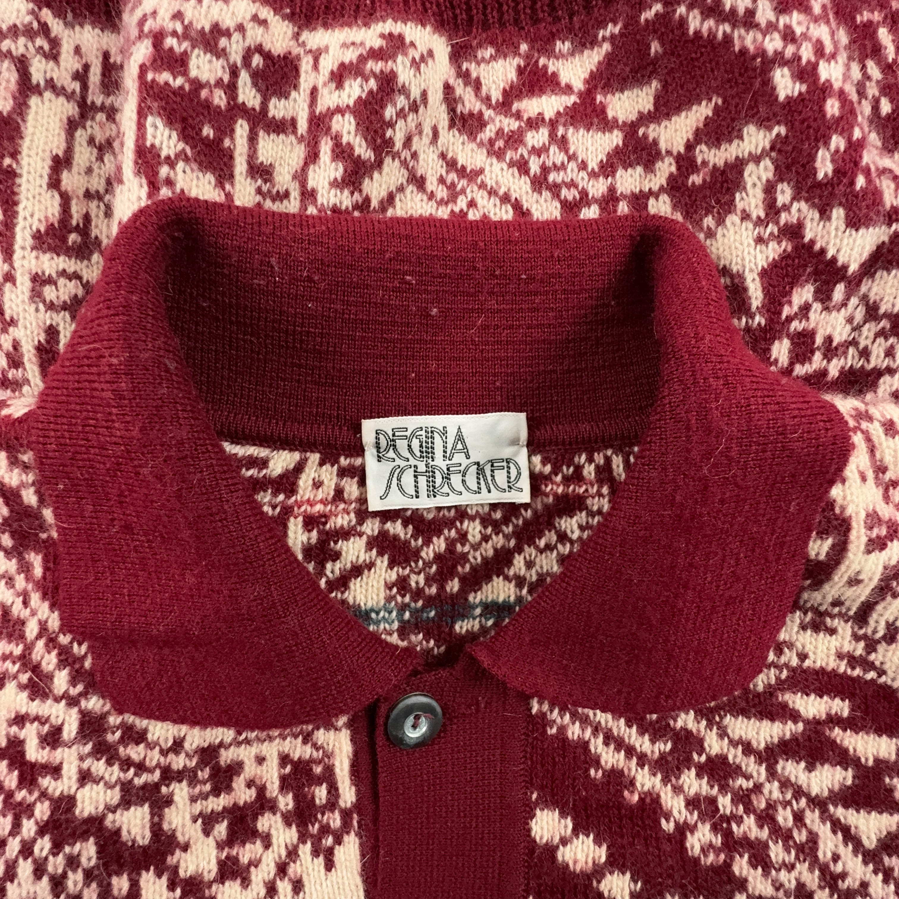 Vintage Burgundy and Cream 100% Wool Button Up Sweater - Size XL Men