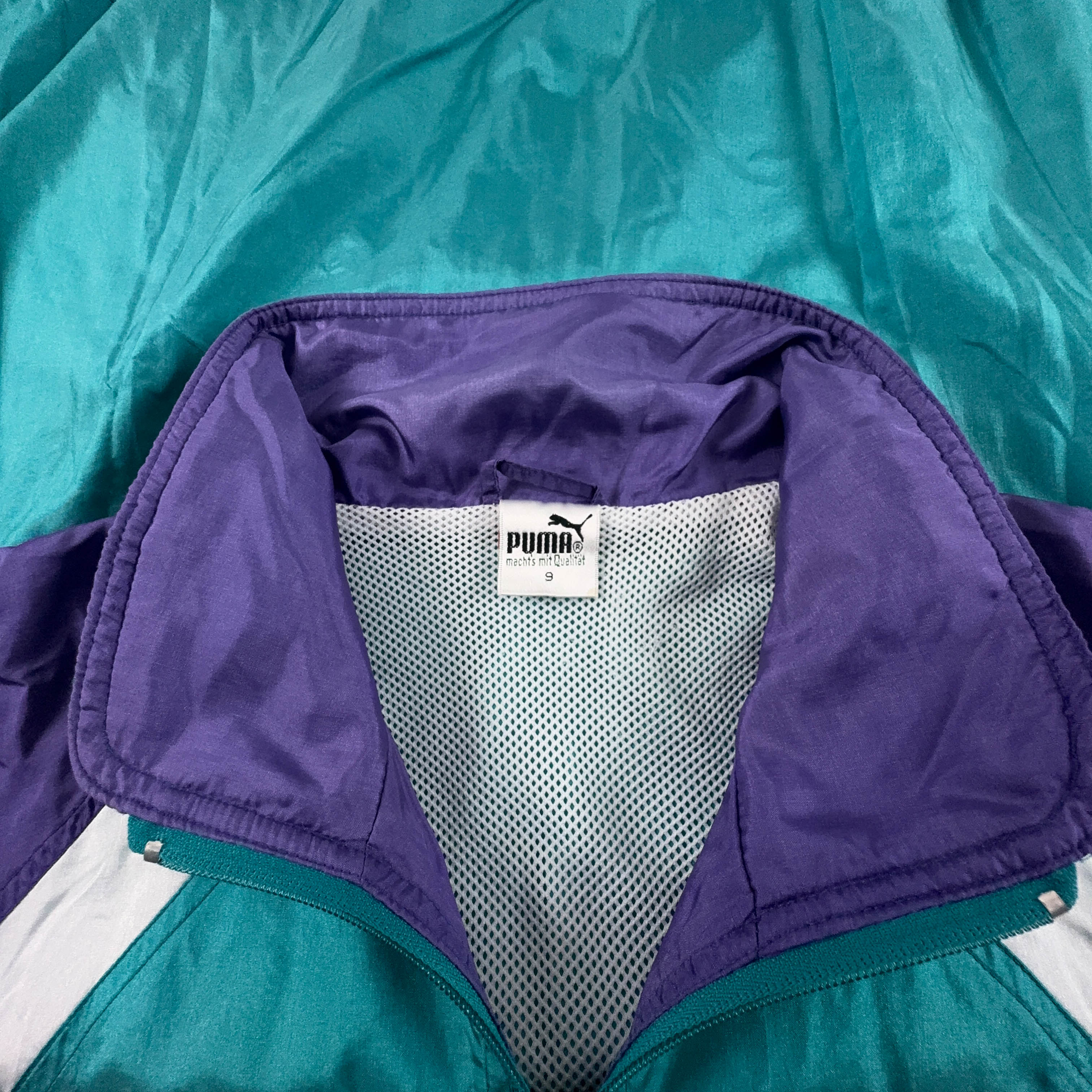 Giacca a vento Puma Vintage verde e viola con ricamo e zip anni 80 90 - Taglia 9 uomo