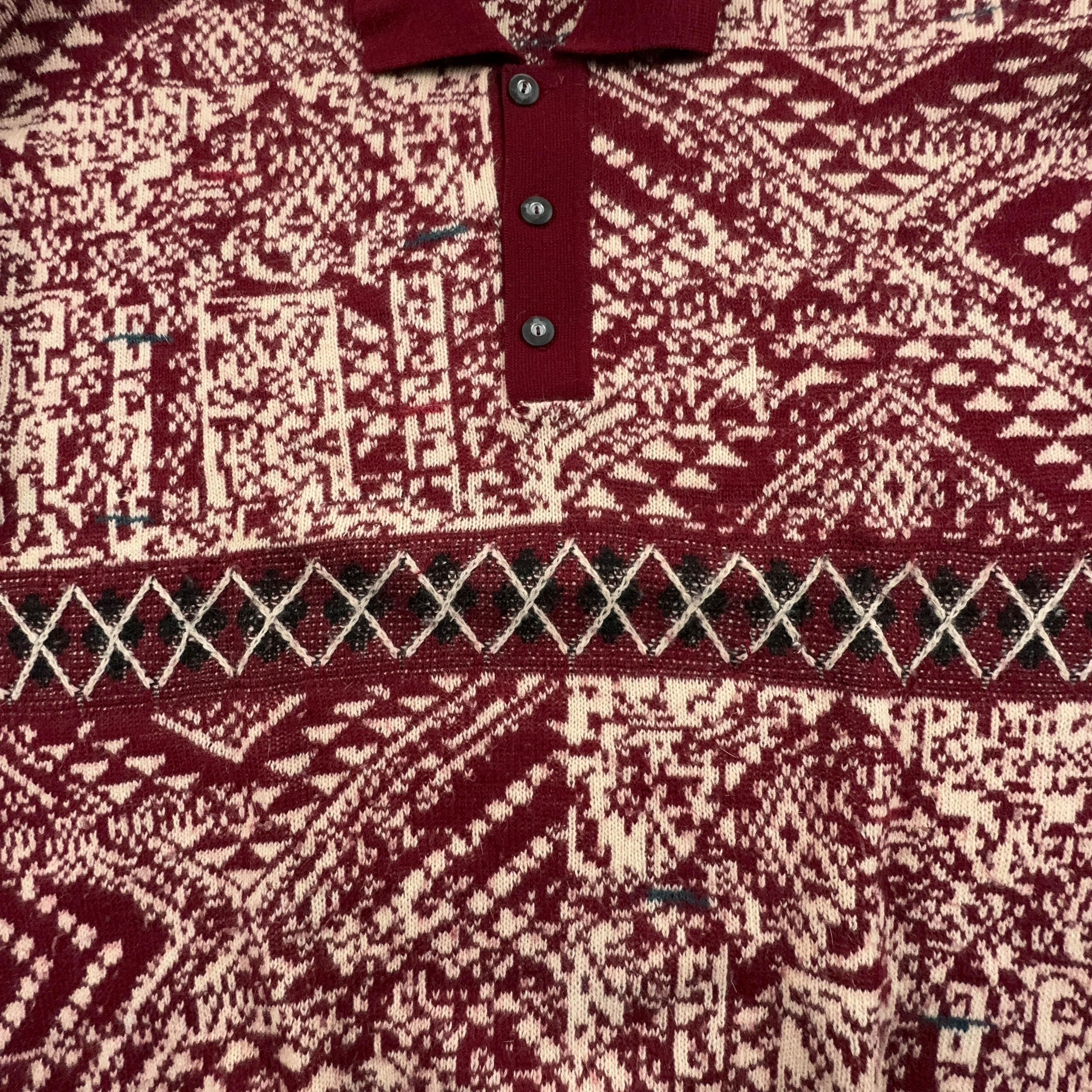 Vintage Burgundy and Cream 100% Wool Button Up Sweater - Size XL Men