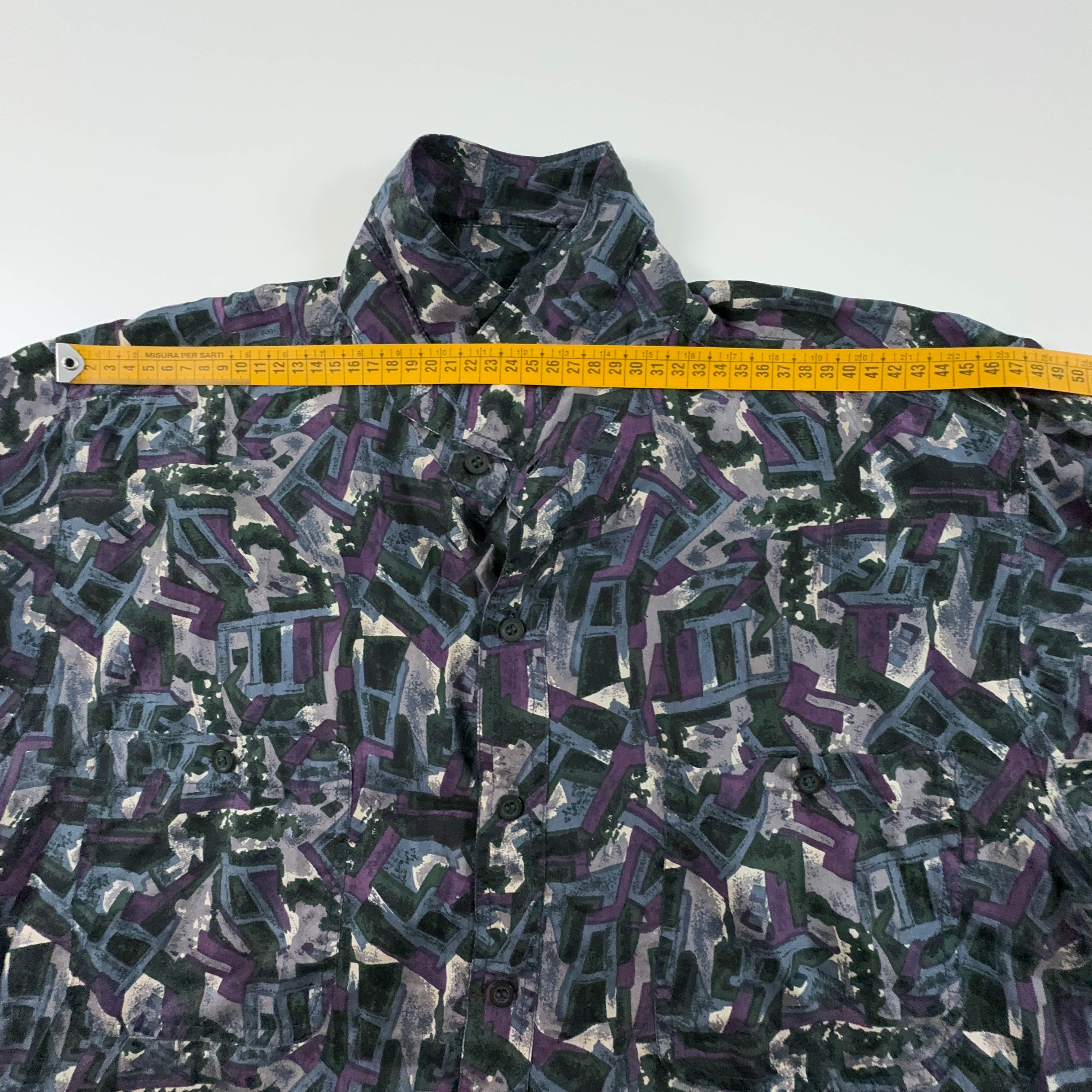 Camicia Vintage 100% seta blu scura a fantasia astratta geometrica - Taglia 41 42 uomo