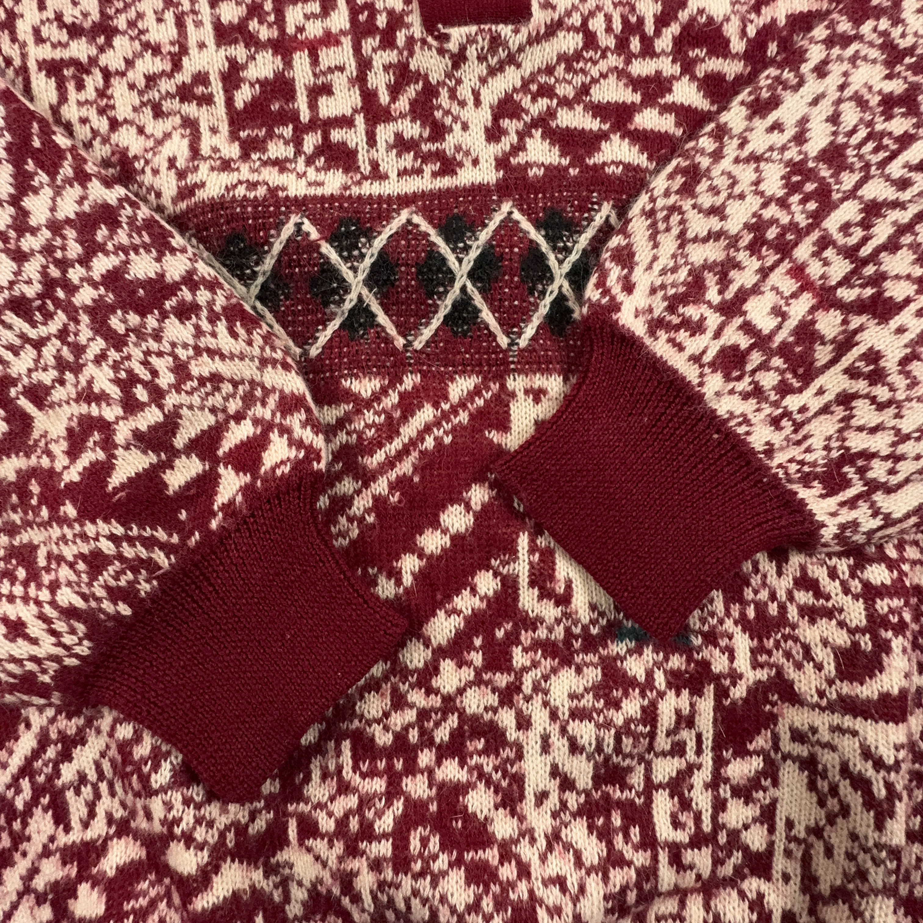 Vintage Burgundy and Cream 100% Wool Button Up Sweater - Size XL Men