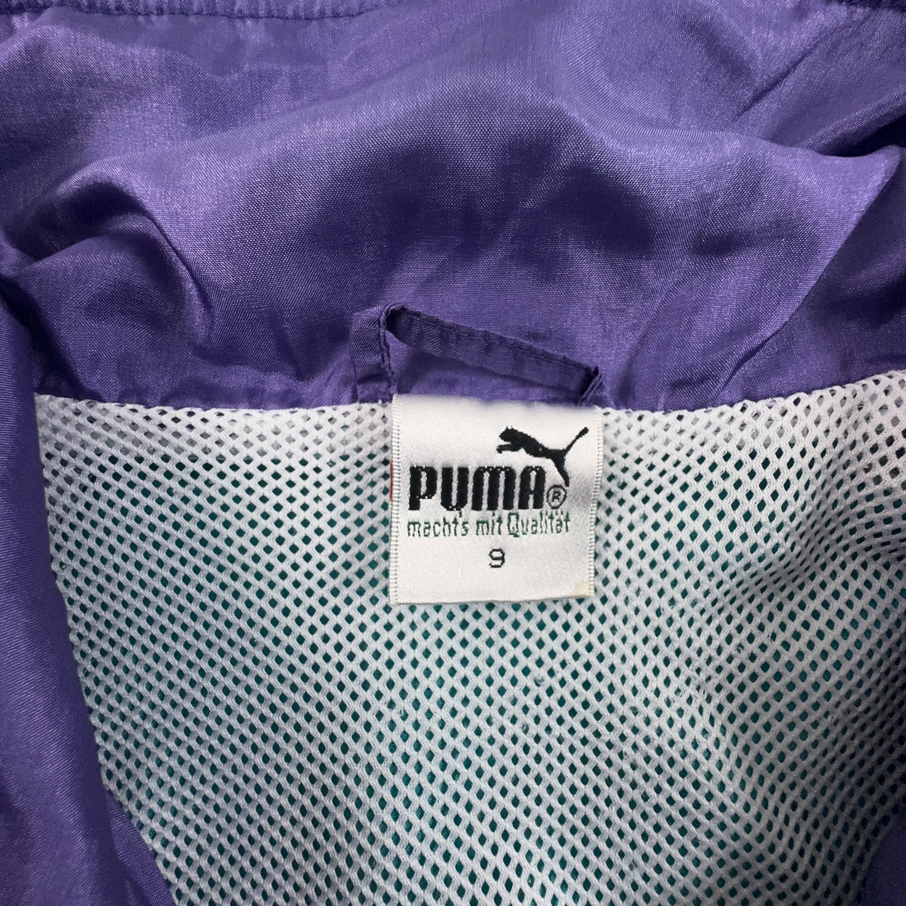 Giacca a vento Puma Vintage verde e viola con ricamo e zip anni 80 90 - Taglia 9 uomo