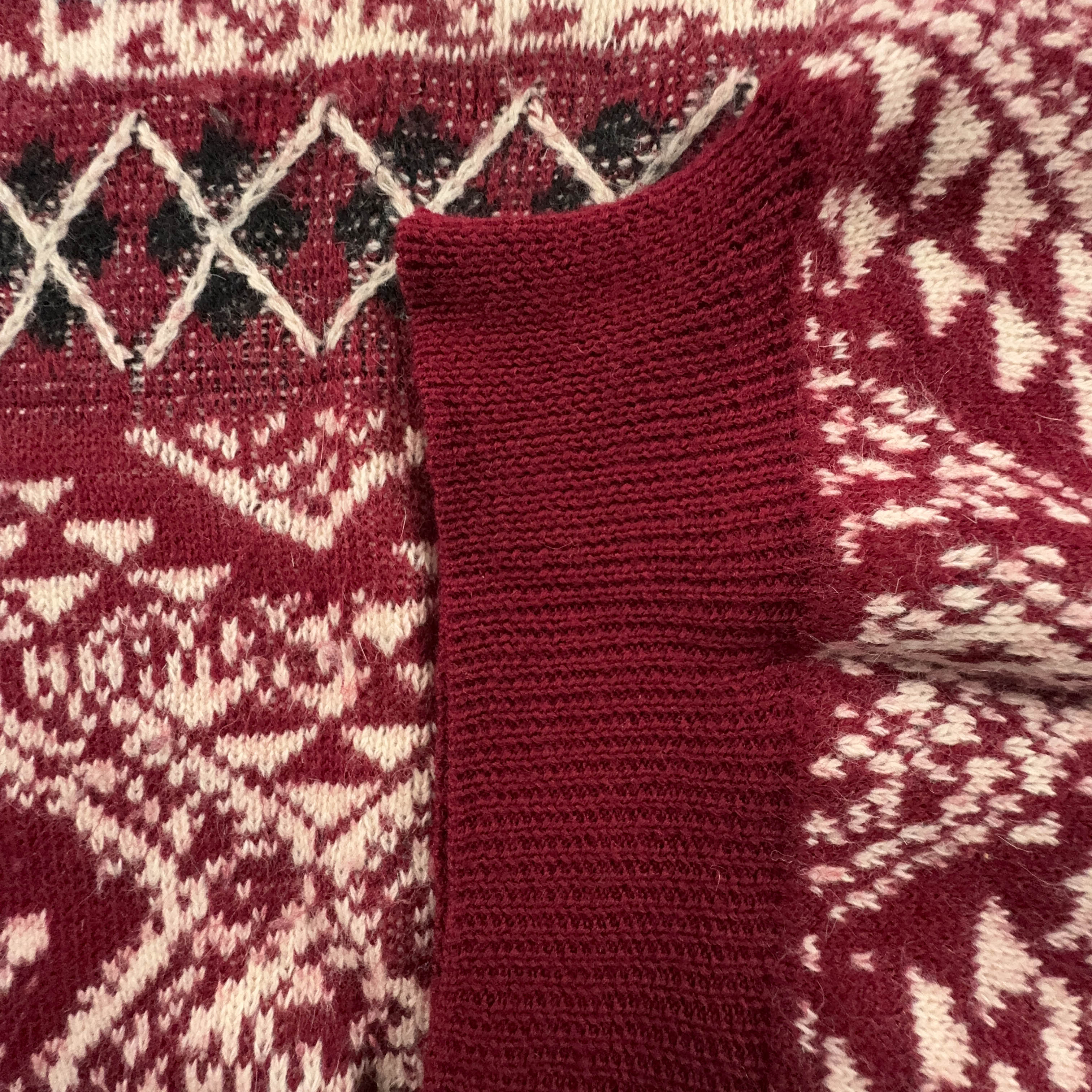 Vintage Burgundy and Cream 100% Wool Button Up Sweater - Size XL Men