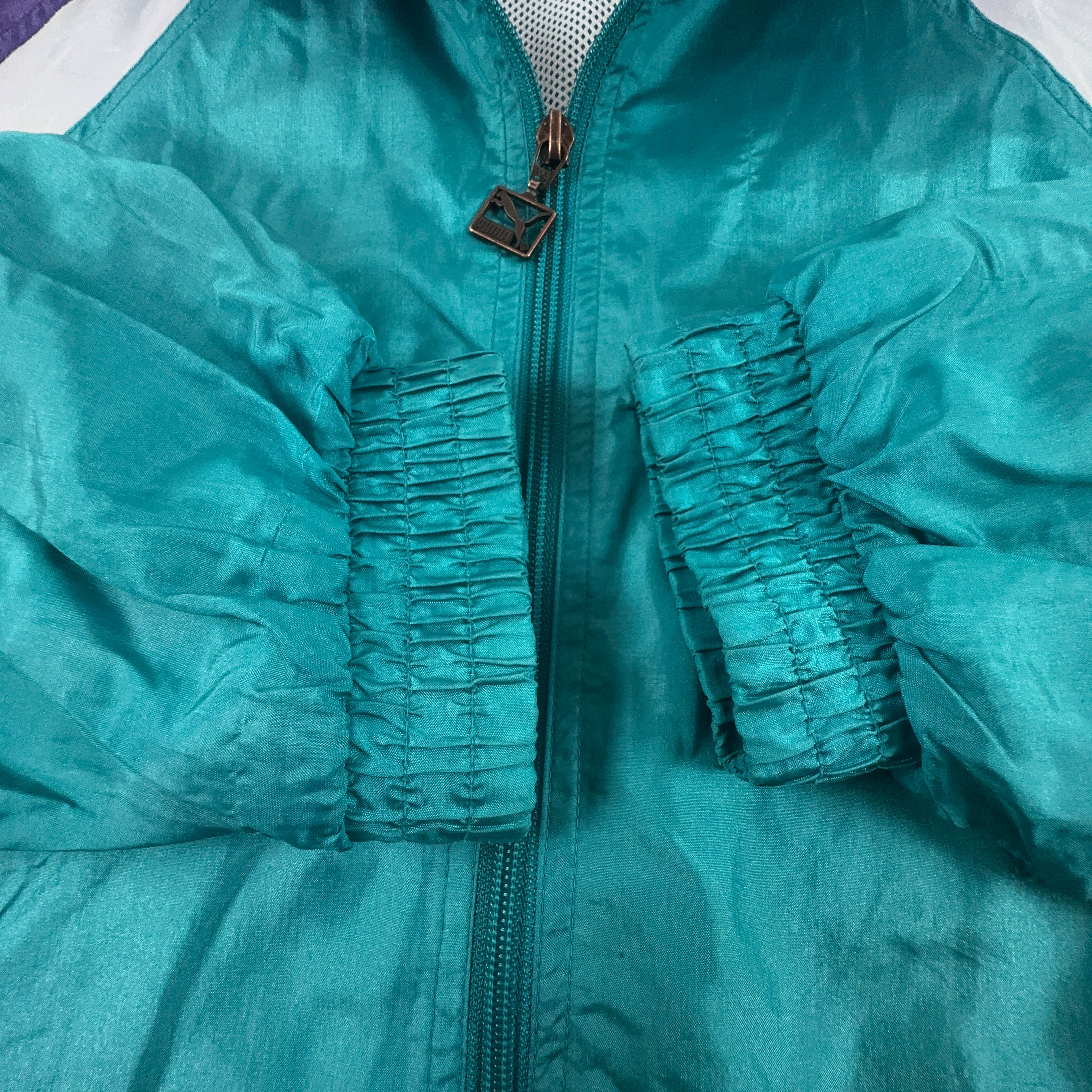 Giacca a vento Puma Vintage verde e viola con ricamo e zip anni 80 90 - Taglia 9 uomo