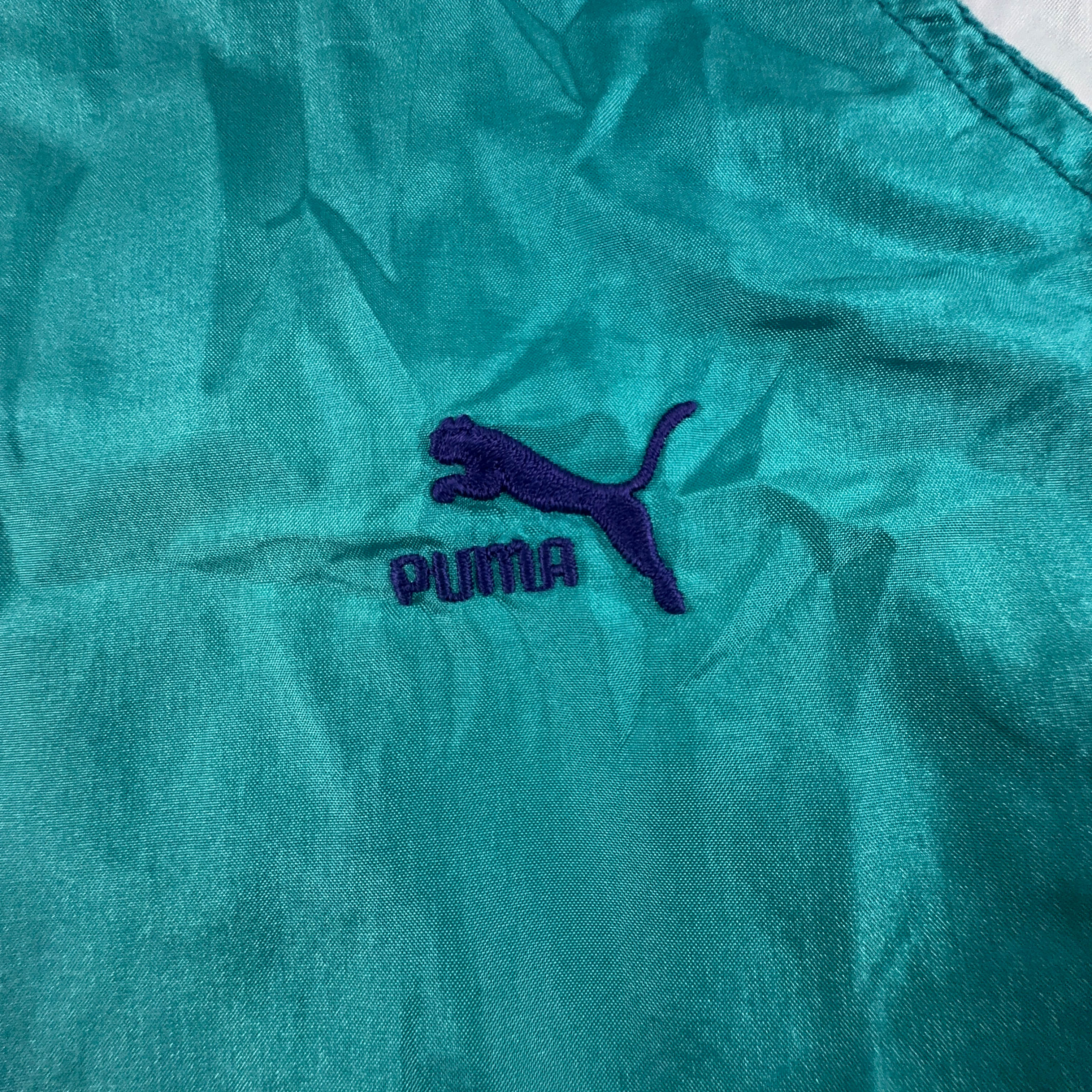 Giacca a vento Puma Vintage verde e viola con ricamo e zip anni 80 90 - Taglia 9 uomo