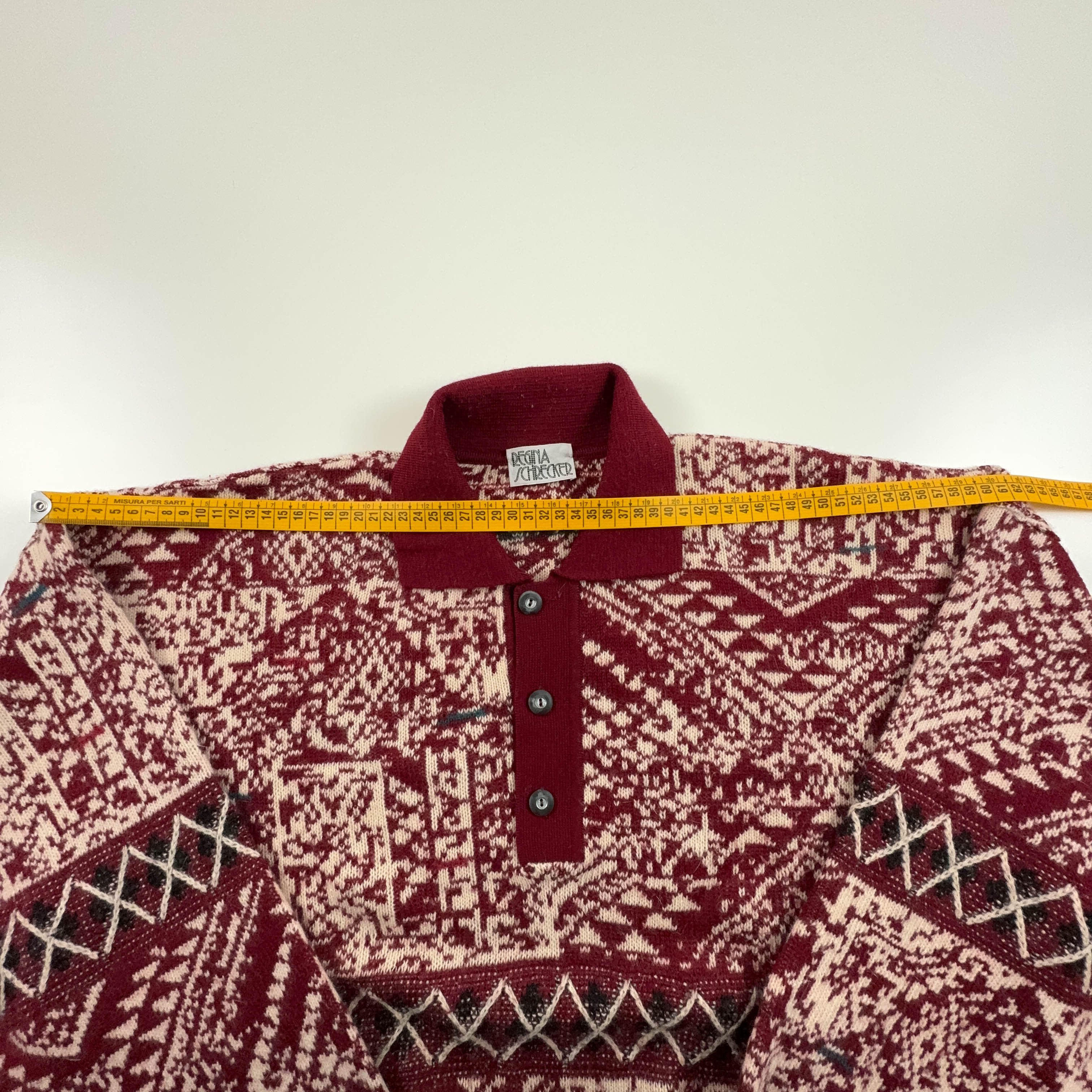 Vintage Burgundy and Cream 100% Wool Button Up Sweater - Size XL Men