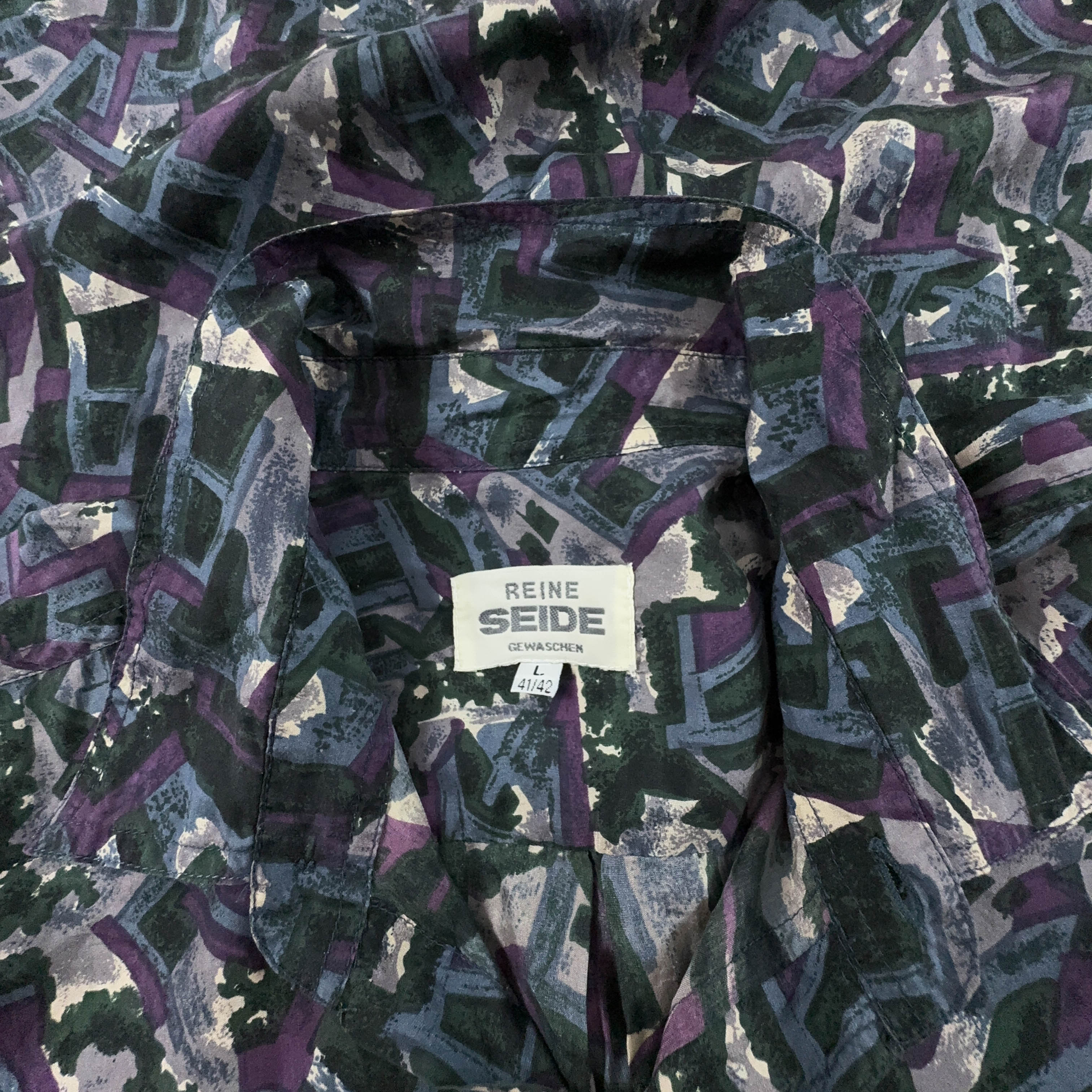 Camicia Vintage 100% seta blu scura a fantasia astratta geometrica - Taglia 41 42 uomo