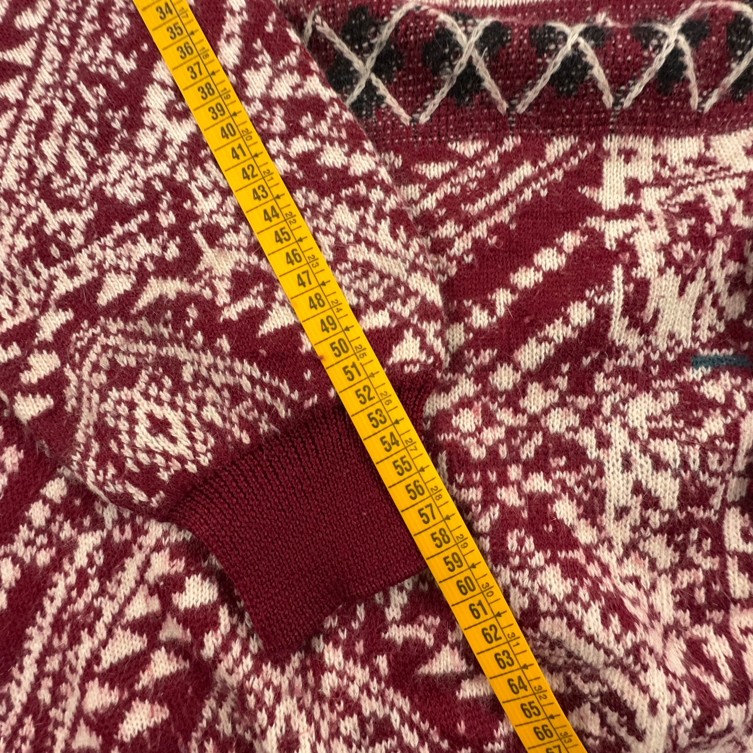 Vintage Burgundy and Cream 100% Wool Button Up Sweater - Size XL Men