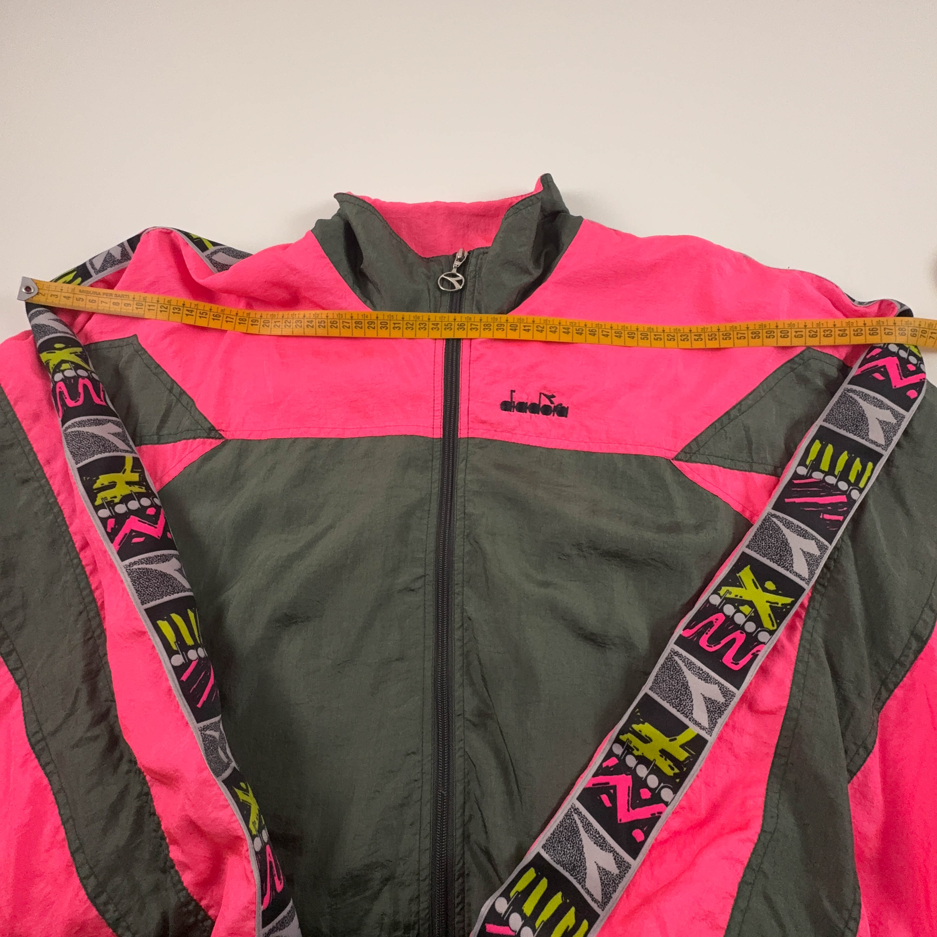 Giacca a vento Diadora Vintage verde cachi e rosa con zip anni 80 90 - Taglia XXL uomo