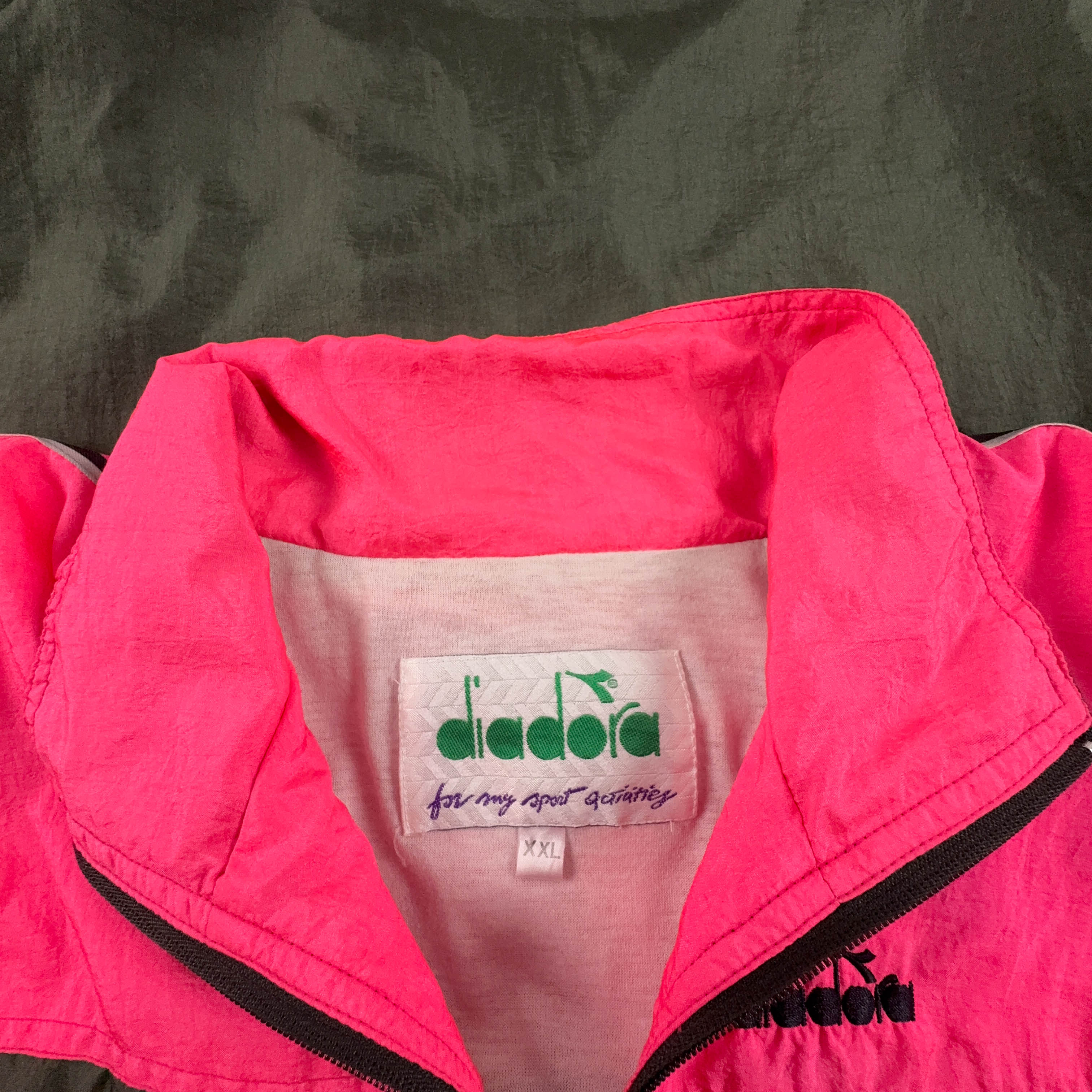 Giacca a vento Diadora Vintage verde cachi e rosa con zip anni 80 90 - Taglia XXL uomo