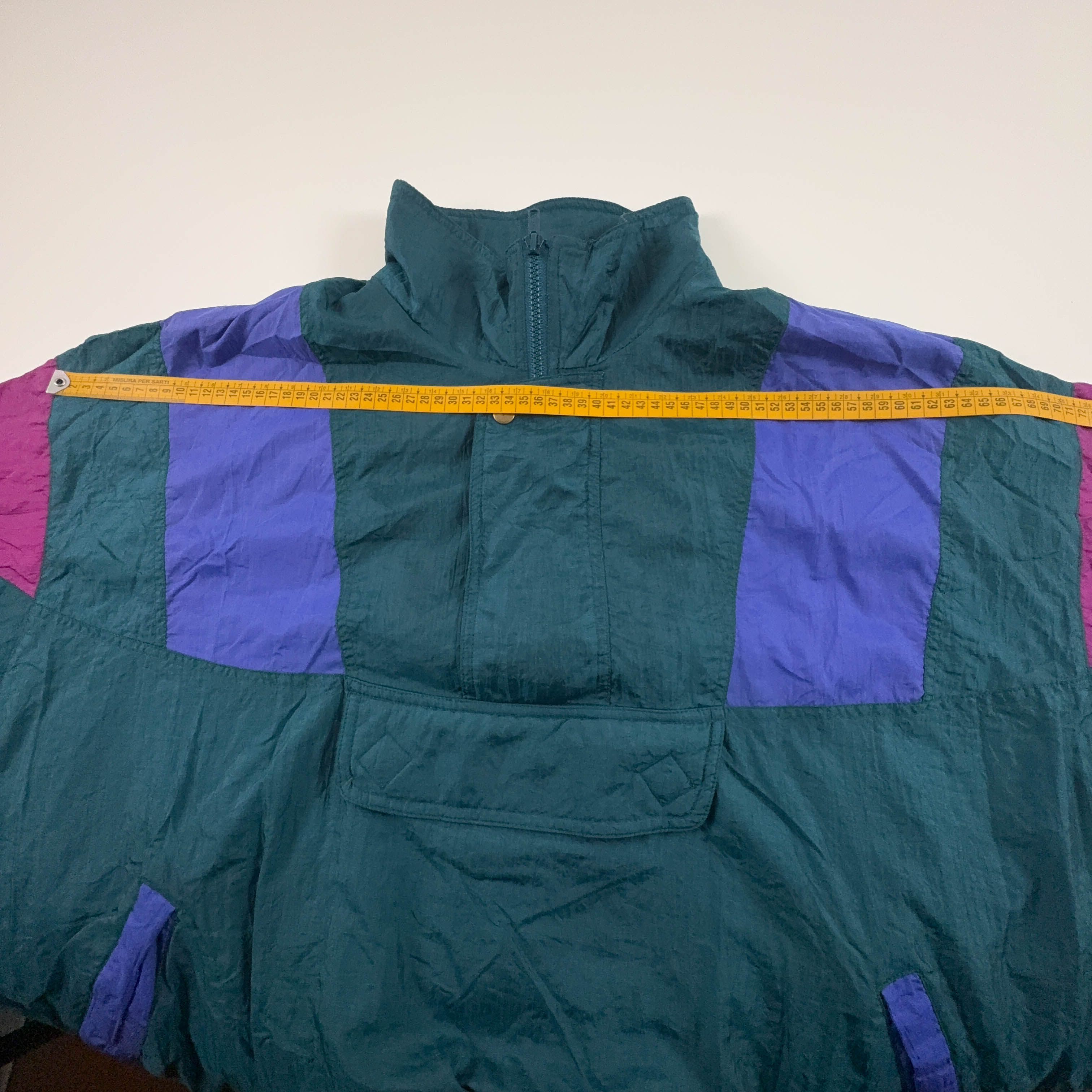 Giacca a vento Vintage verde e viola quarter zip con tasca anni 80 90 - Taglia L uomo