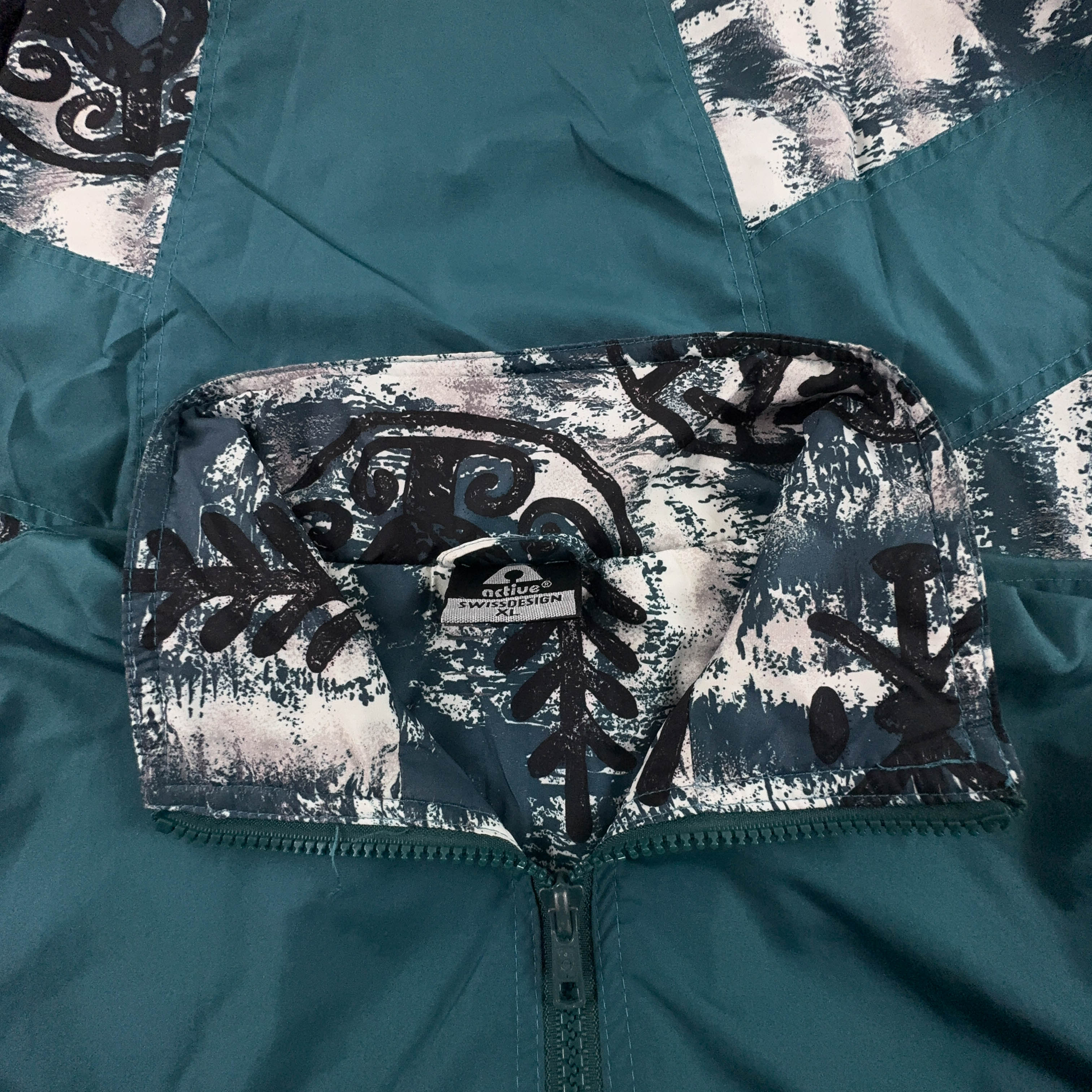 Giacca a vento Vintage verde acqua a fantasia con zip anni 80 90 - Taglia XL uomo
