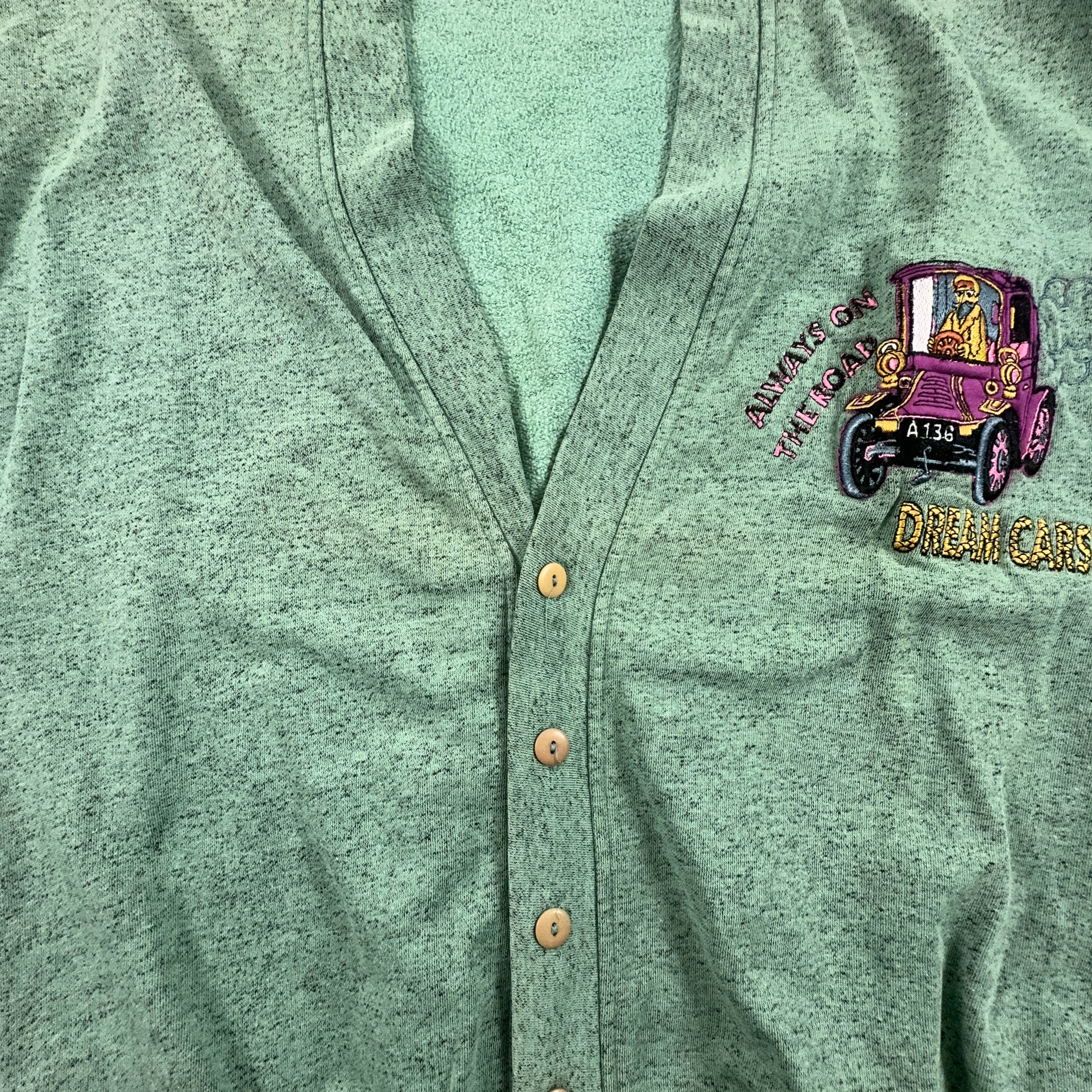 Aqua Green Vintage Cardigan with Buttons and Embroidery - Size L Men