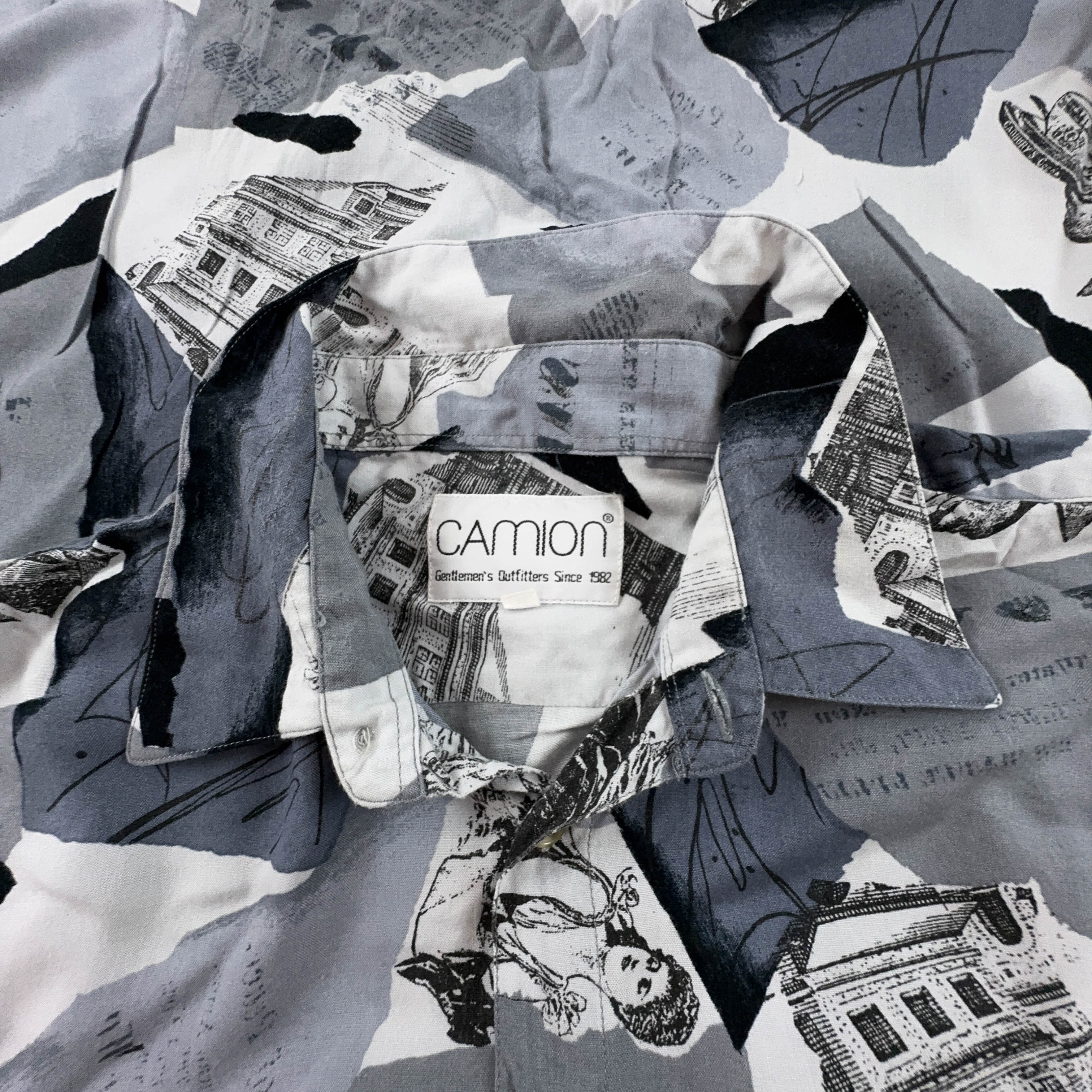 Camicia Vintage grigia e blu a fantasia geometrica astratta - Taglia L uomo