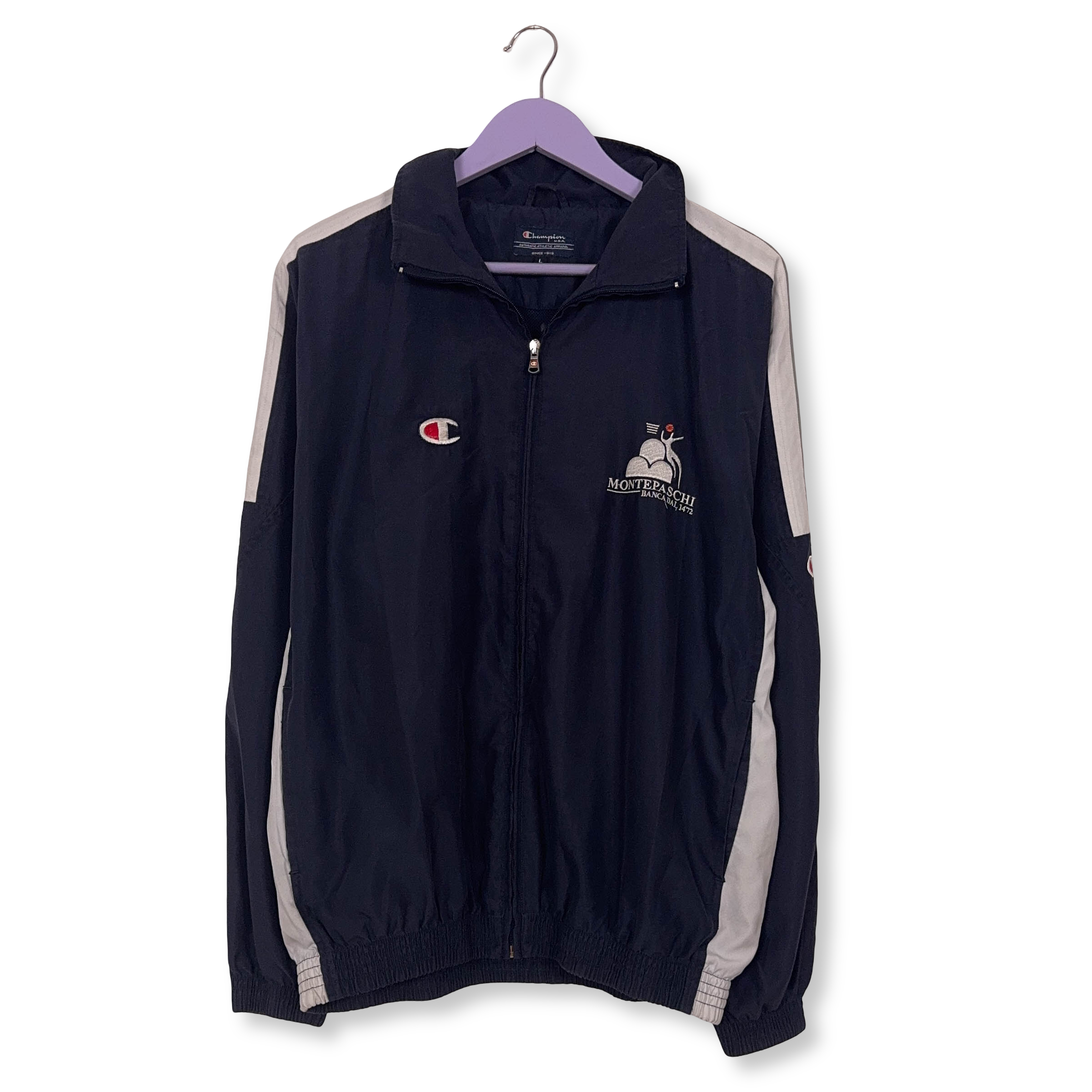 Giacca a vento Champion Vintage blu e bianca con zip anni 80 90 - Taglia M/L uomo