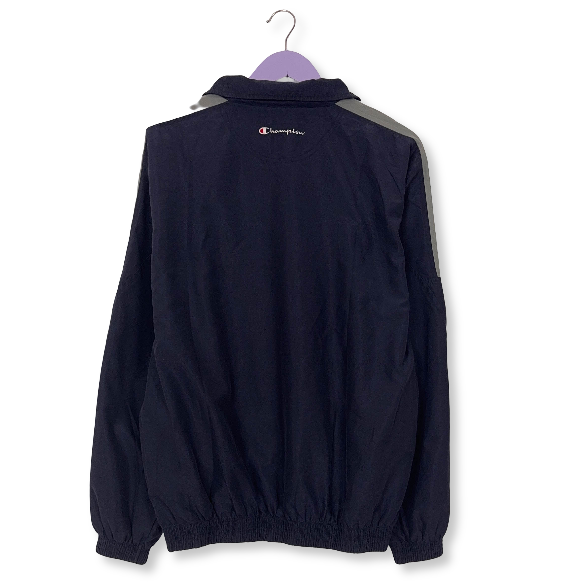 Giacca a vento Champion Vintage blu e bianca con zip anni 80 90 - Taglia M/L uomo