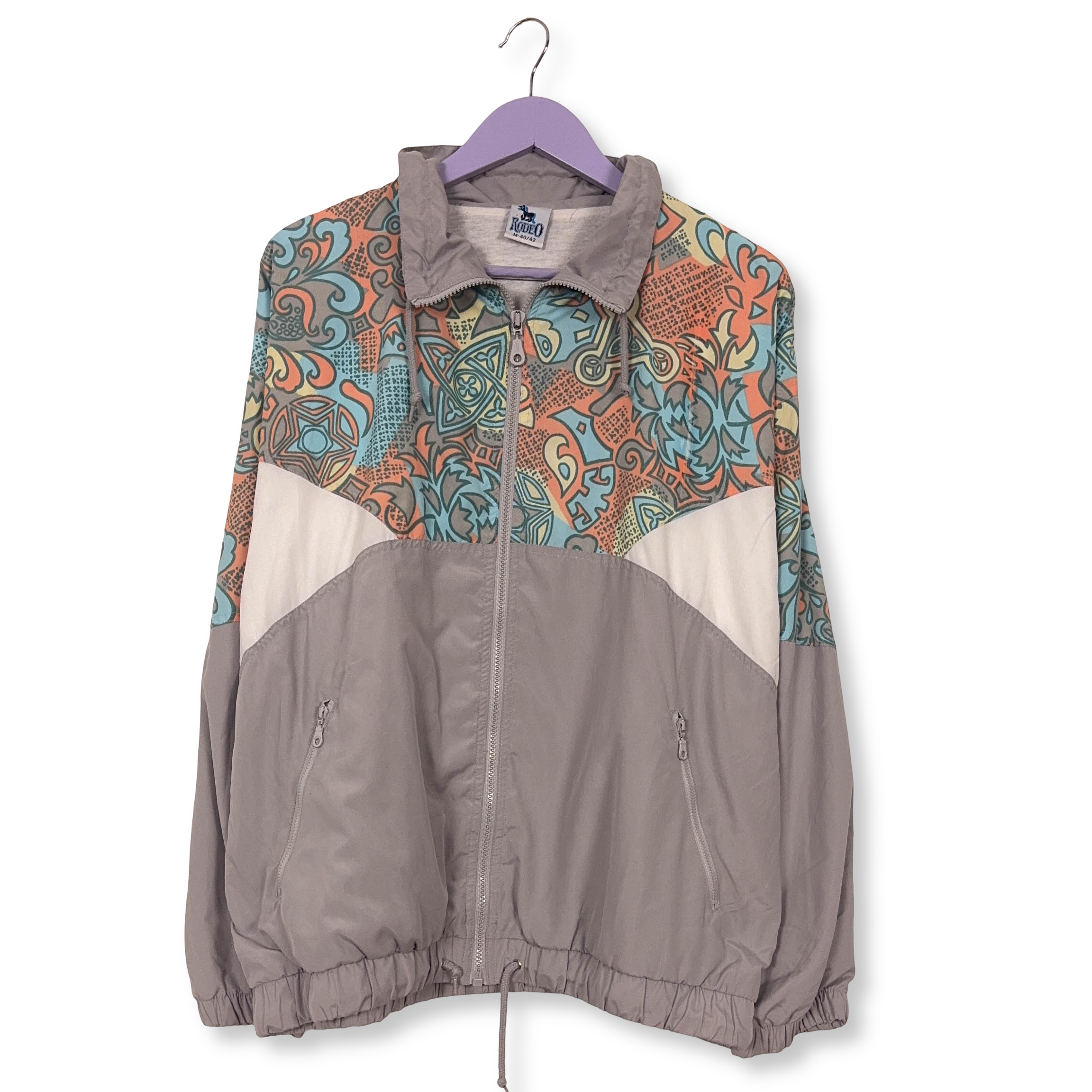 Giacca a vento Rodeo Vintage grigia e bianca con fantasia anni 80 90 - Taglia 40/42 uomo