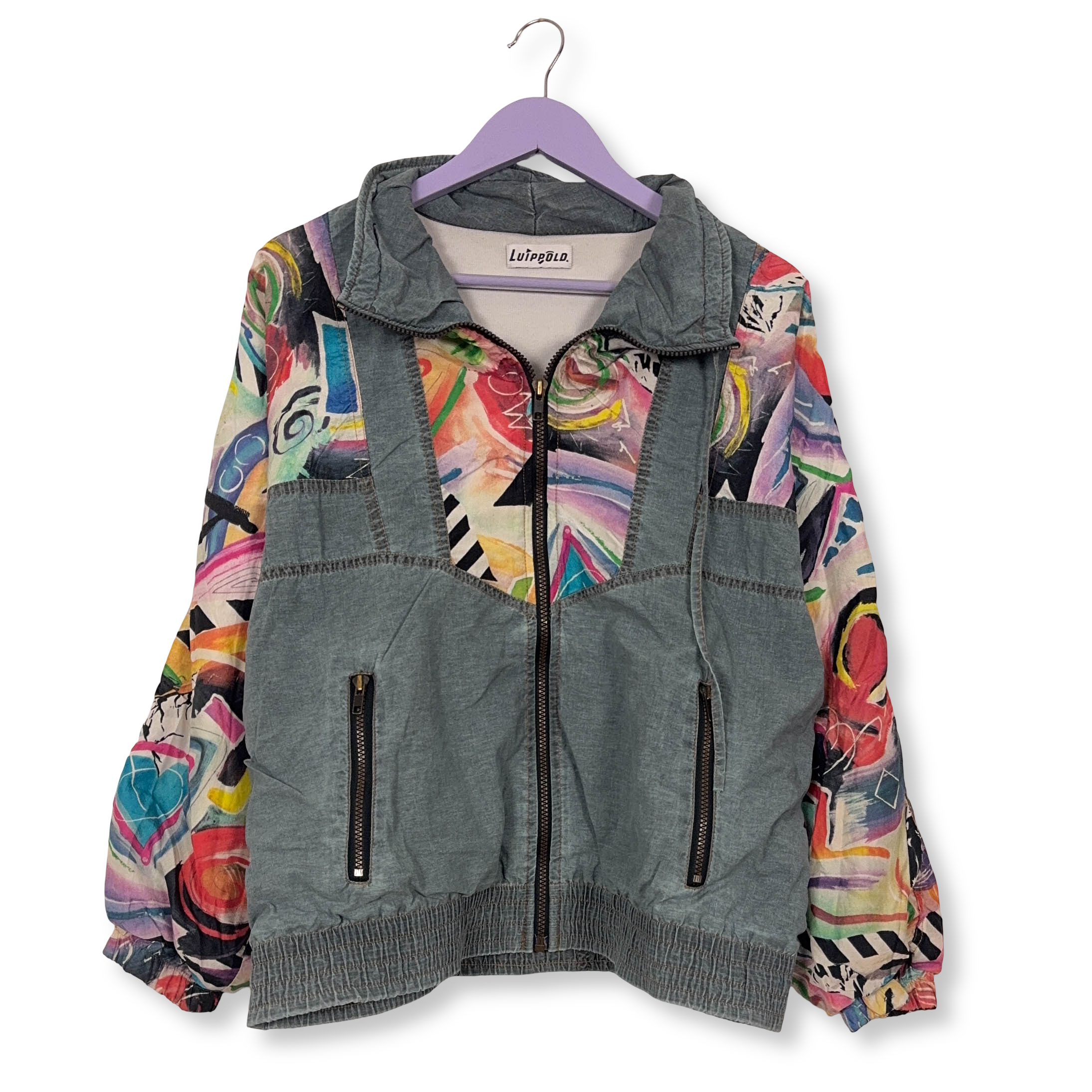 Giacca a vento Vintage grigia a fantasia multicolore anni 80 90 - Taglia S/M uomo