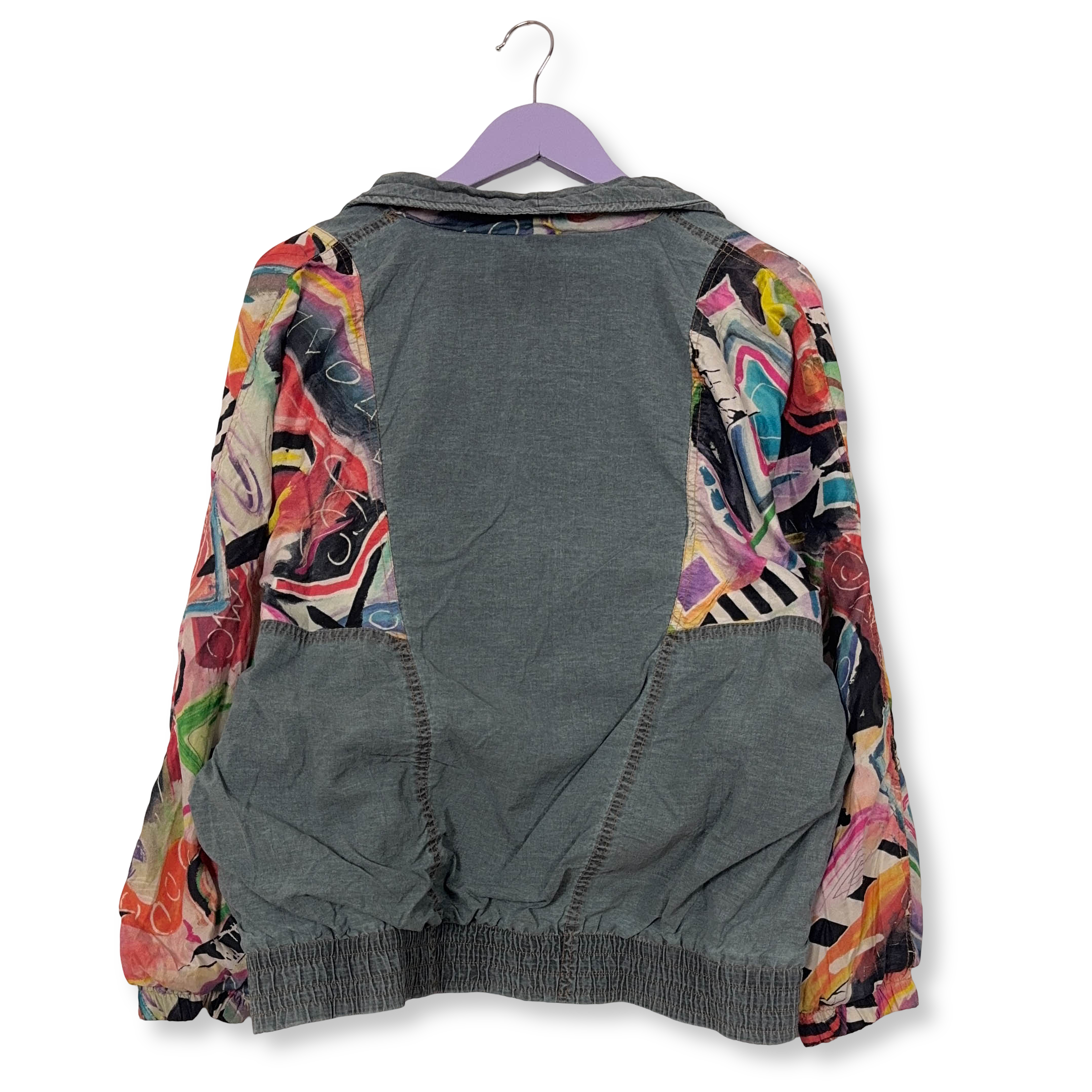 Giacca a vento Vintage grigia a fantasia multicolore anni 80 90 - Taglia S/M uomo